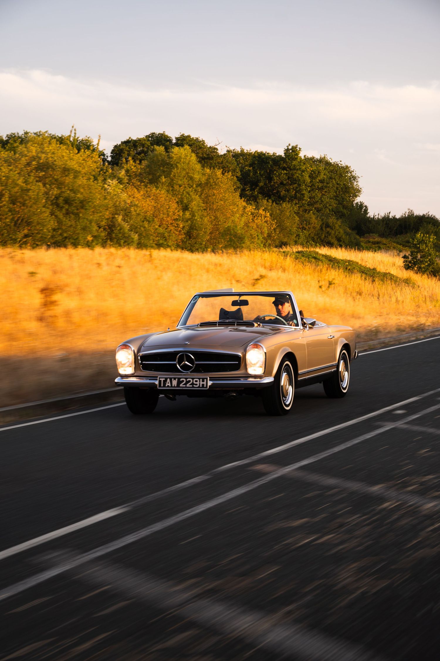 Vintage Mercedes-Benz convertible cruising on a scenic road at golden hour, surrounded by lush greenery and golden fields.