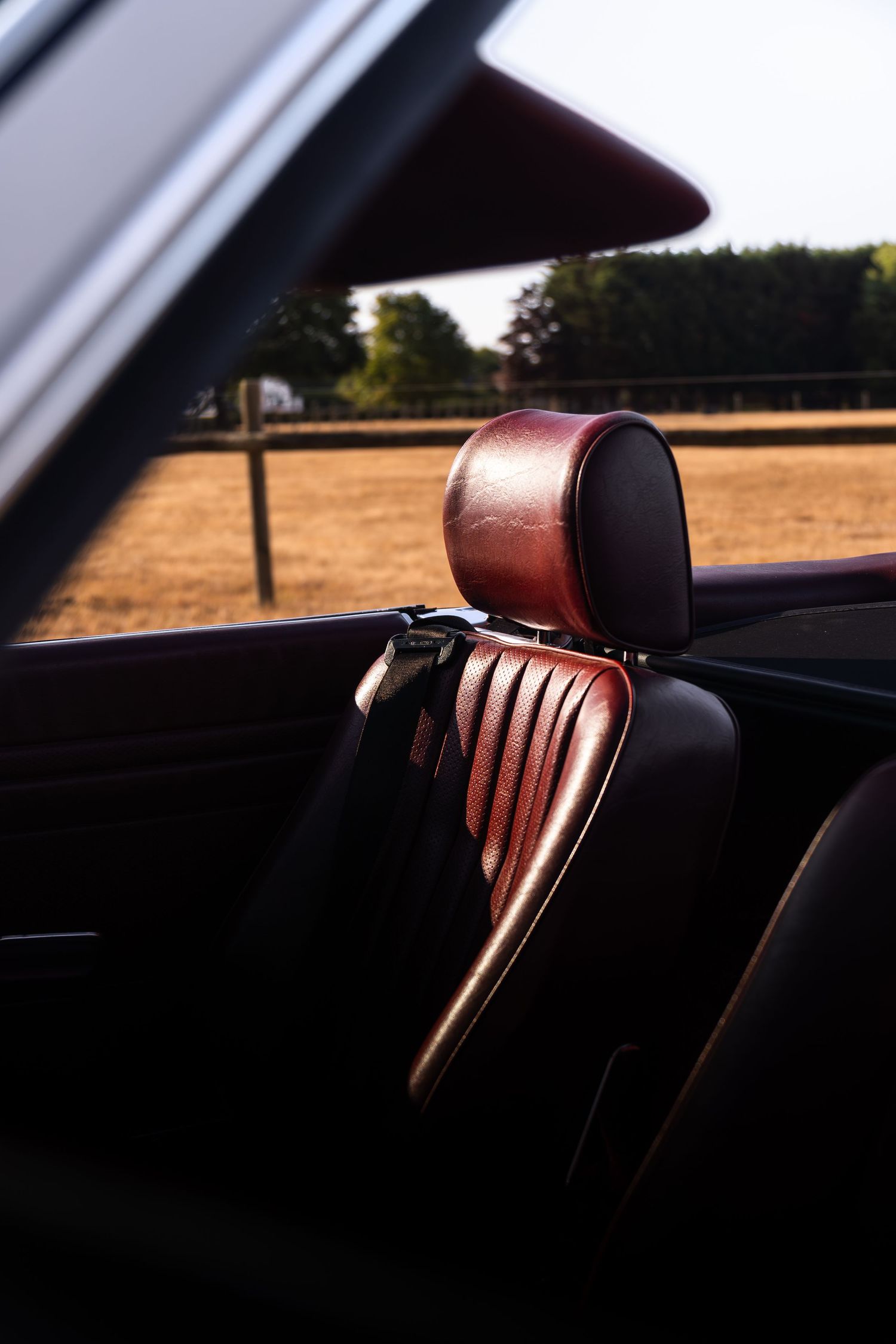 Vintage car interior featuring brown leather seat with headrest, seatbelt, and rural field visible through open convertible top.