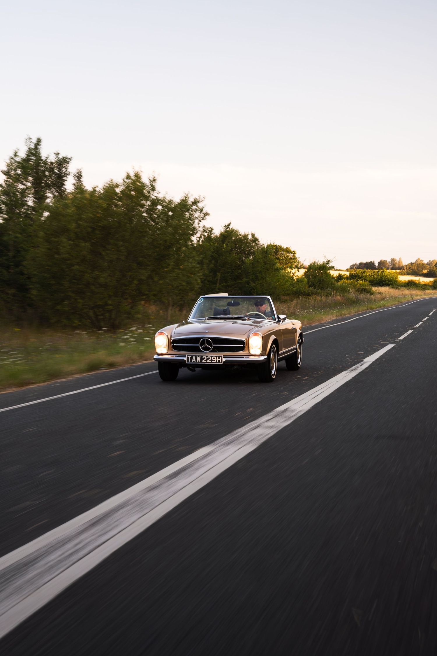Vintage Mercedes-Benz convertible driving on open road at sunset, surrounded by lush green trees.