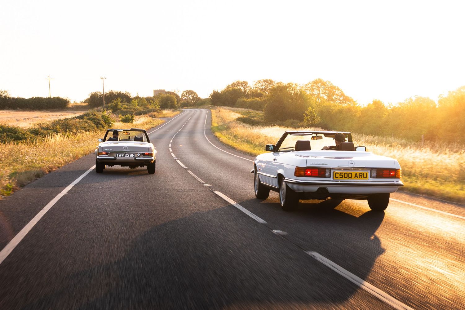 Two classic white convertible cars driving on a scenic country road at golden sunset hour.