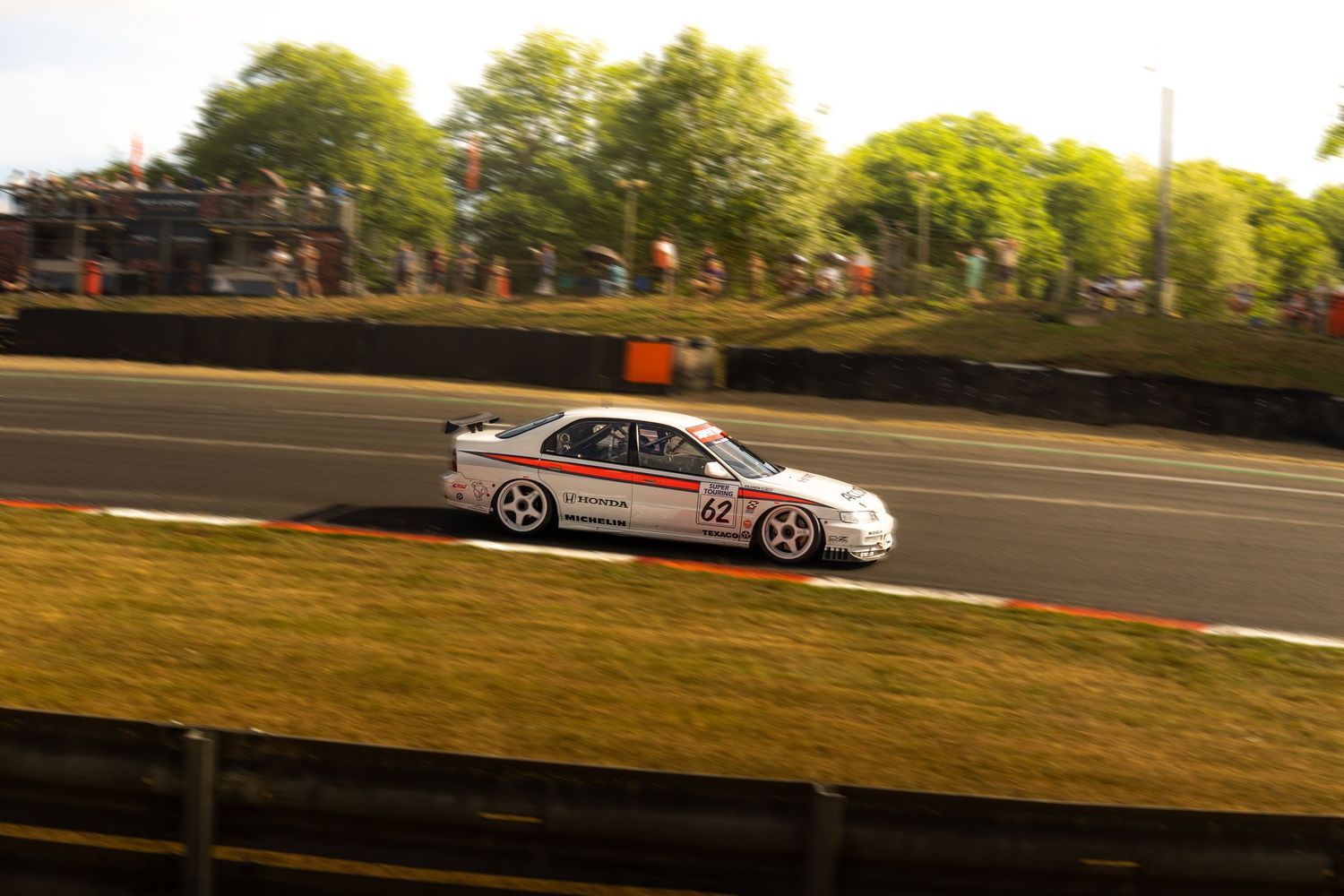 White touring car number 42 racing at speed on a tree-lined motorsport circuit in golden evening light.