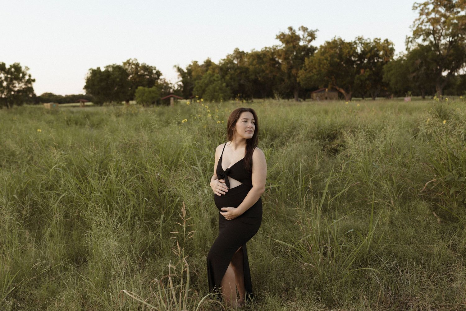 A figure in a black dress poses gracefully against a natural outdoor backdrop with tall grass and trees at sunset.