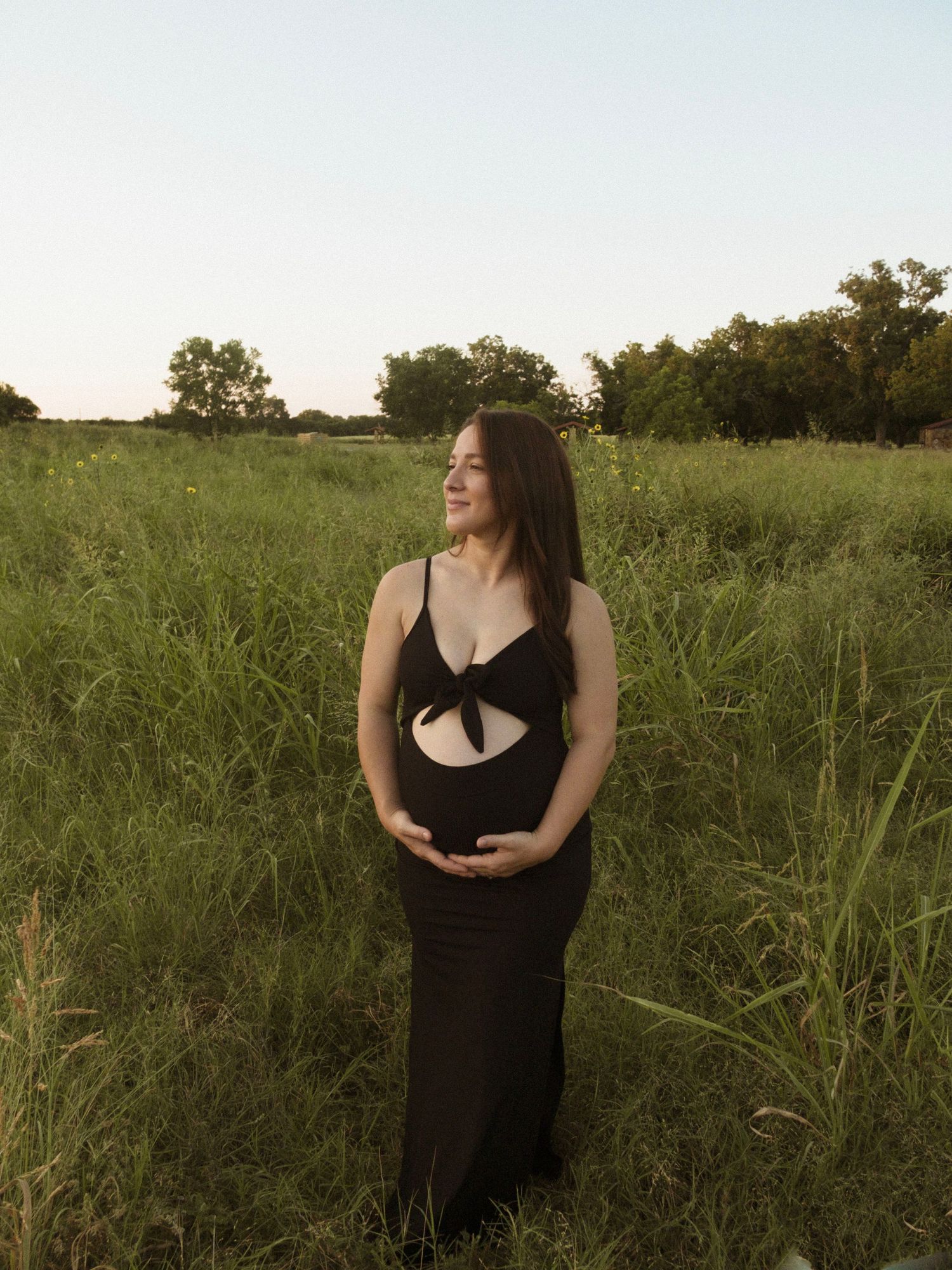 A pregnant mom wearing a black dress poses gracefully in a lush green field during golden hour lighting.