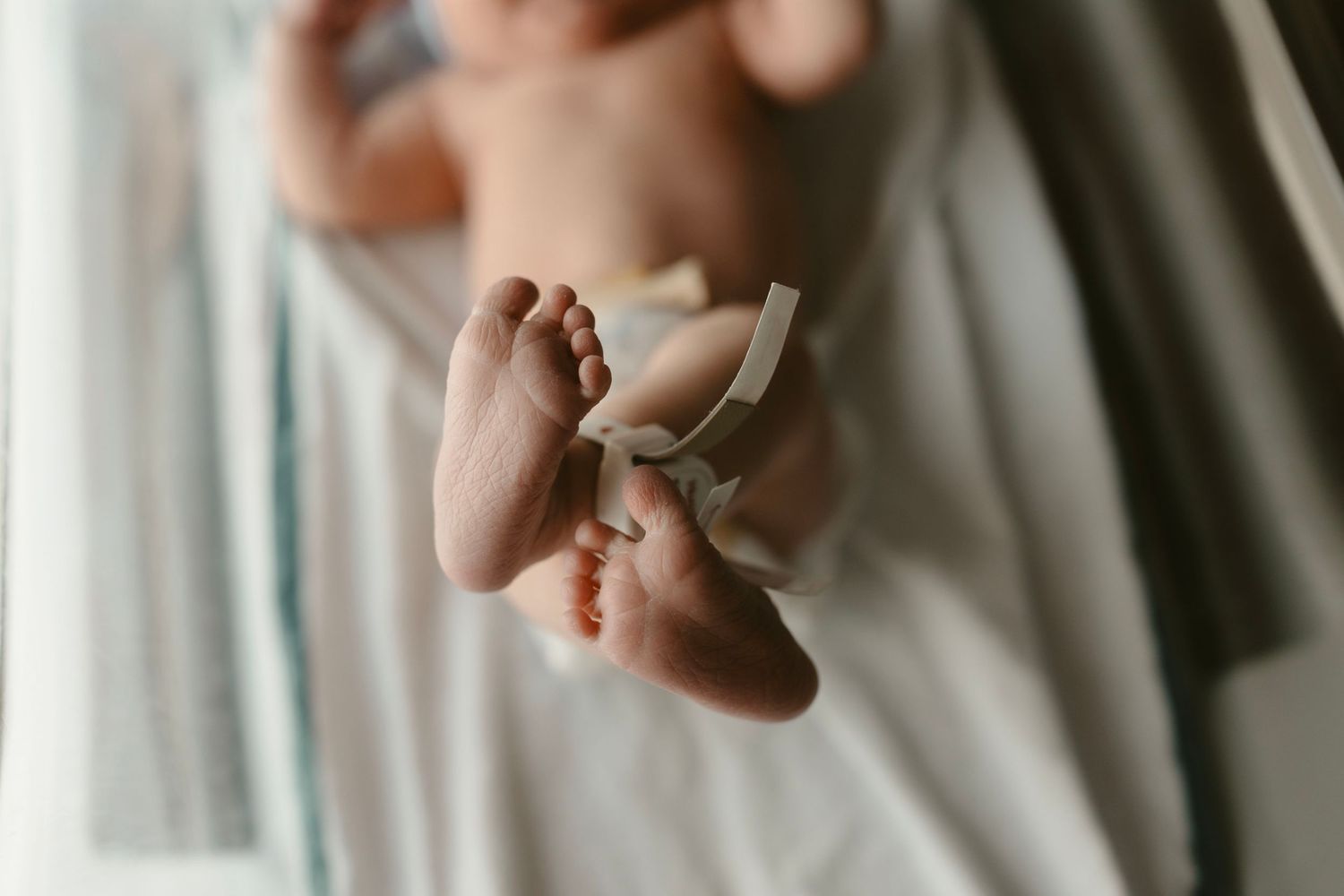 Close up detail of newborn's tiny feet.