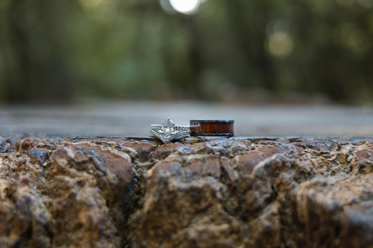 Wedding rings displayed on a rocky surface outdoors, featuring a diamond engagement ring and a wooden wedding band.