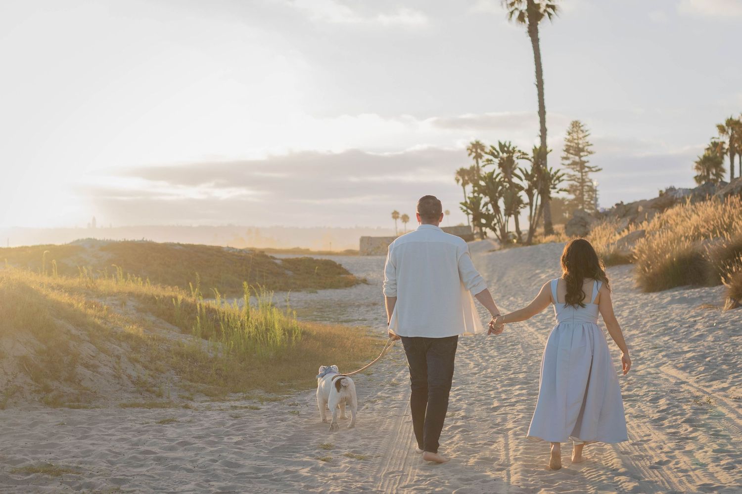 Couple holding hands walking on sandy beach at sunset with a dog and palm trees in the background.