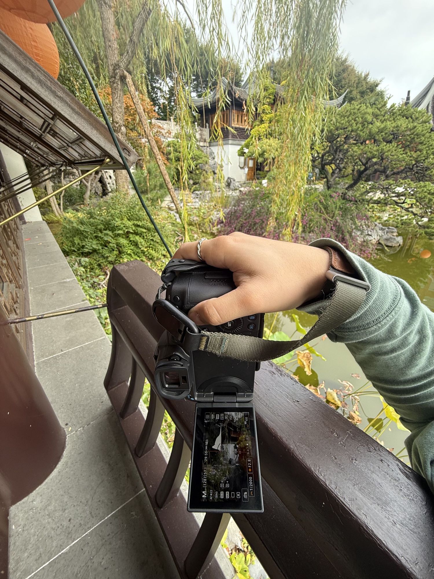 Person holding a mirrorless camera with flip screen over a wooden railing at a lush Japanese garden.