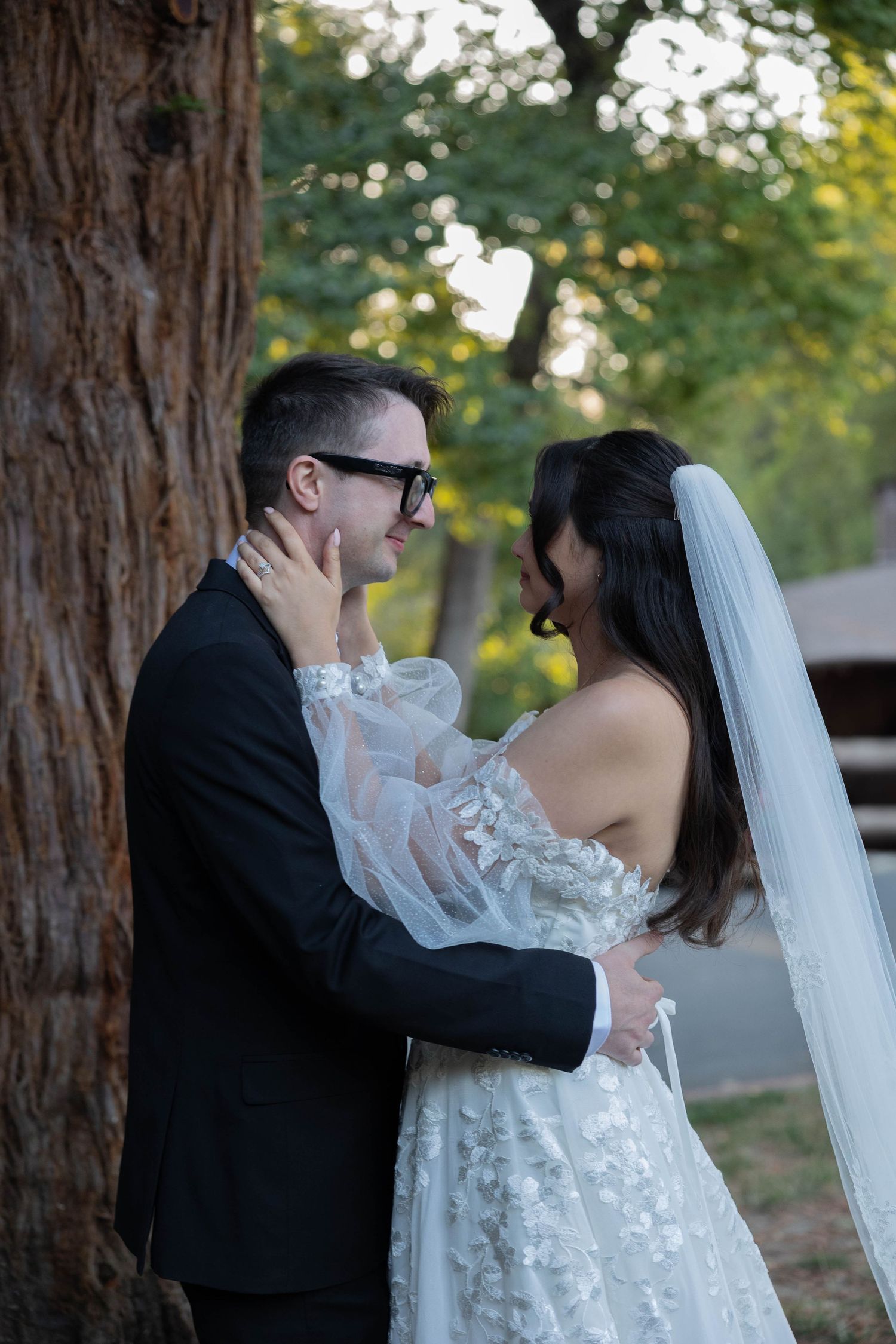 A bride and groom share a romantic moment embracing near a tree outdoors, bride wearing a floral lace gown and veil. Wedding photography.