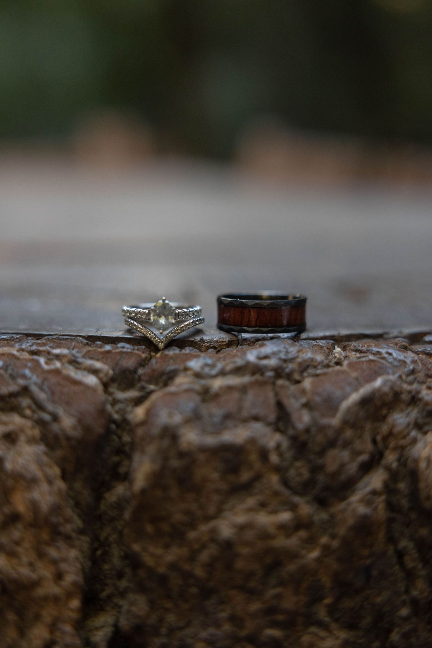 Elegant diamond crown wedding ring and dark wood grain tungsten band displayed on rustic textured rock surface. Wedding photography.