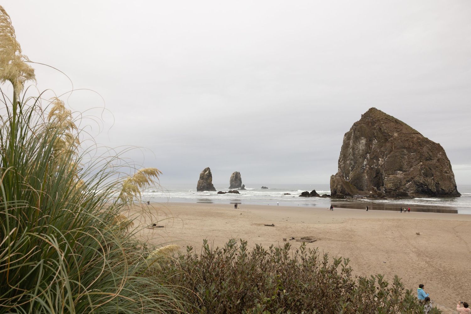 Cannon Beach Oregon coastline with iconic Haystack Rock and sea stacks rising from sandy shore under overcast skies.