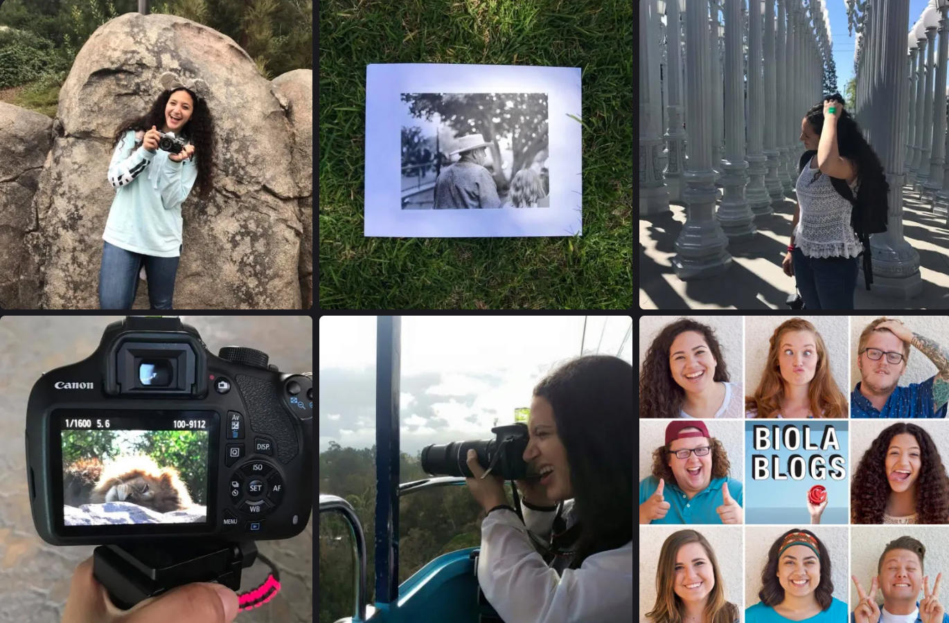Photography collage featuring a Canon DSLR camera, outdoor portraits, and smiling bloggers.
