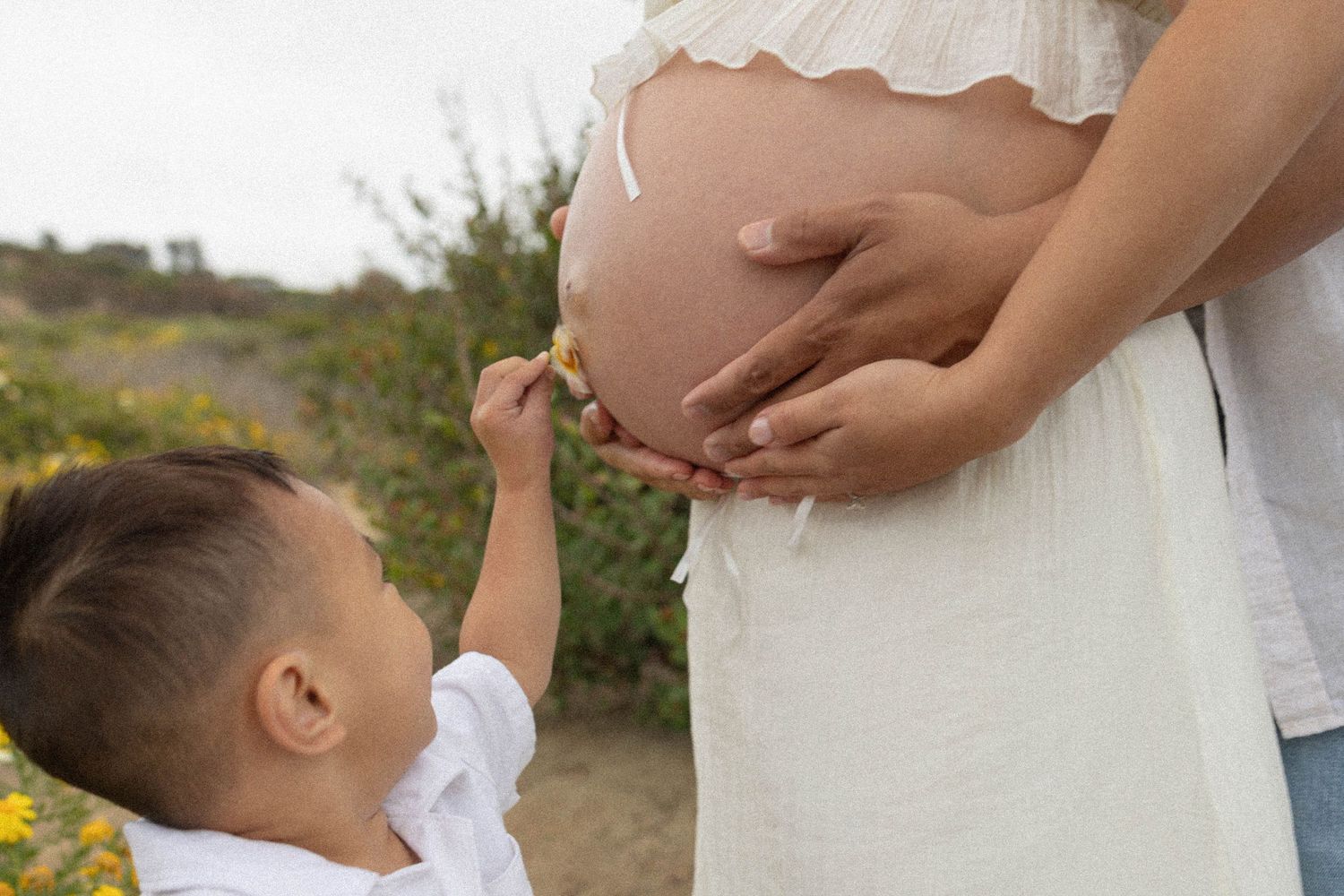 A young boy offers a flower to his pregnant mother outdoors, gently touching her baby bump in a tender moment. Family Photographer