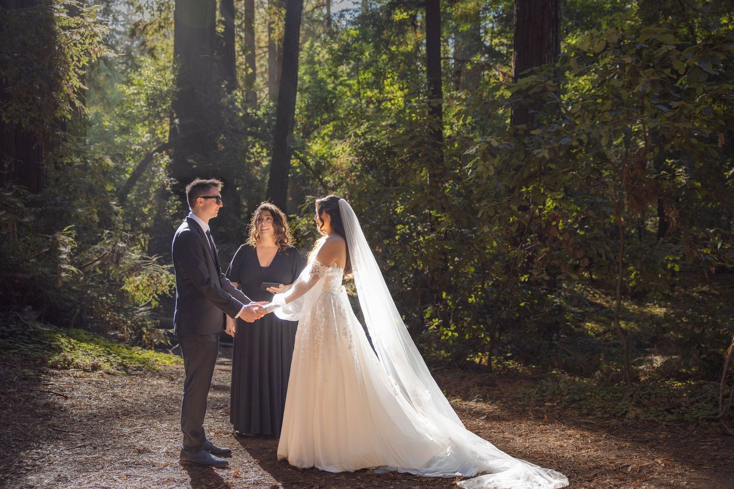 Couple holds hands during intimate outdoor wedding ceremony in redwood forest.