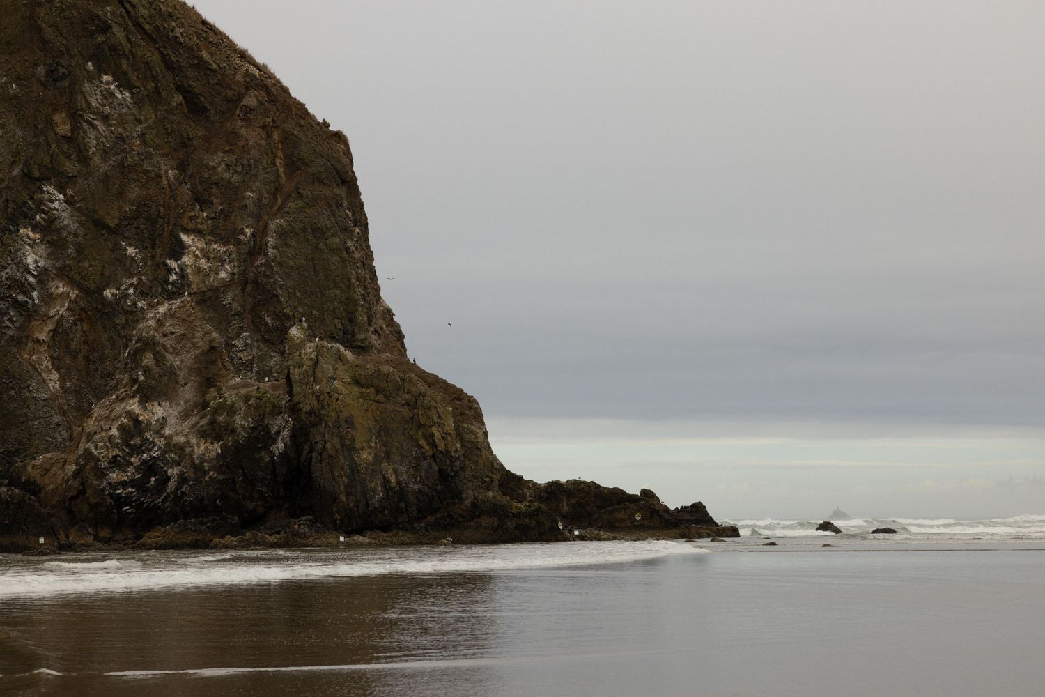A dramatic rocky sea stack rises from a misty Oregon coastline beach with calm gray ocean waters in the background.
