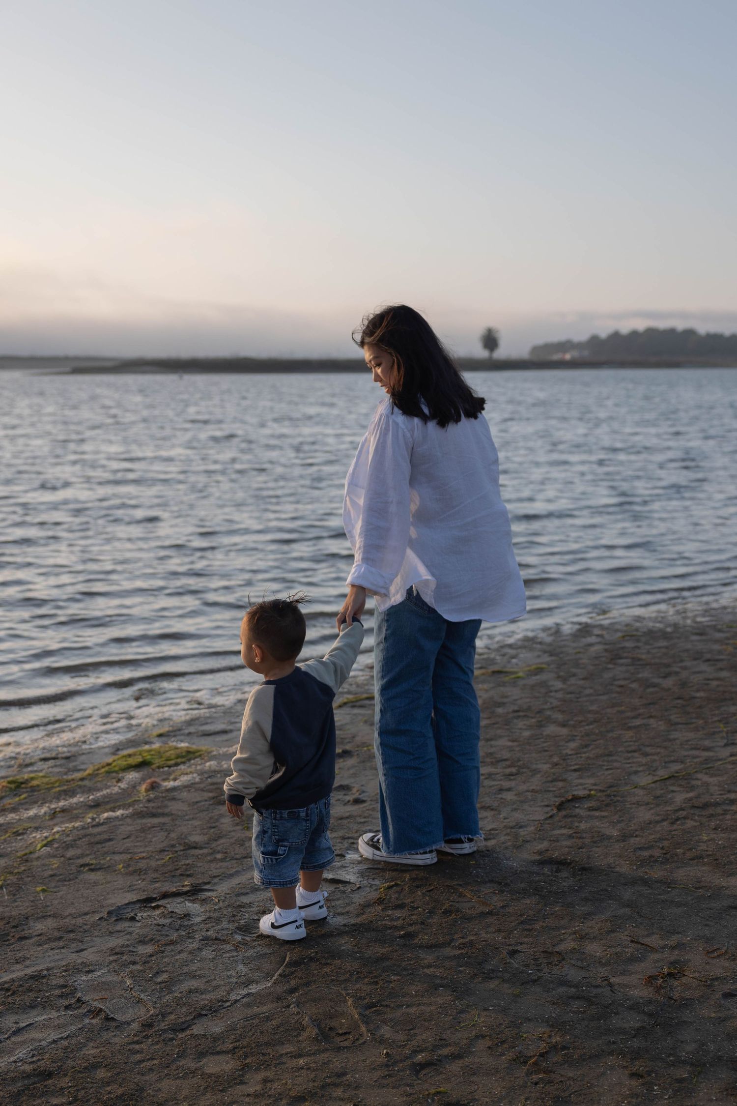 A mother and young child hold hands while standing on rocky shoreline at dusk, gazing at calm water. Family Photographer.