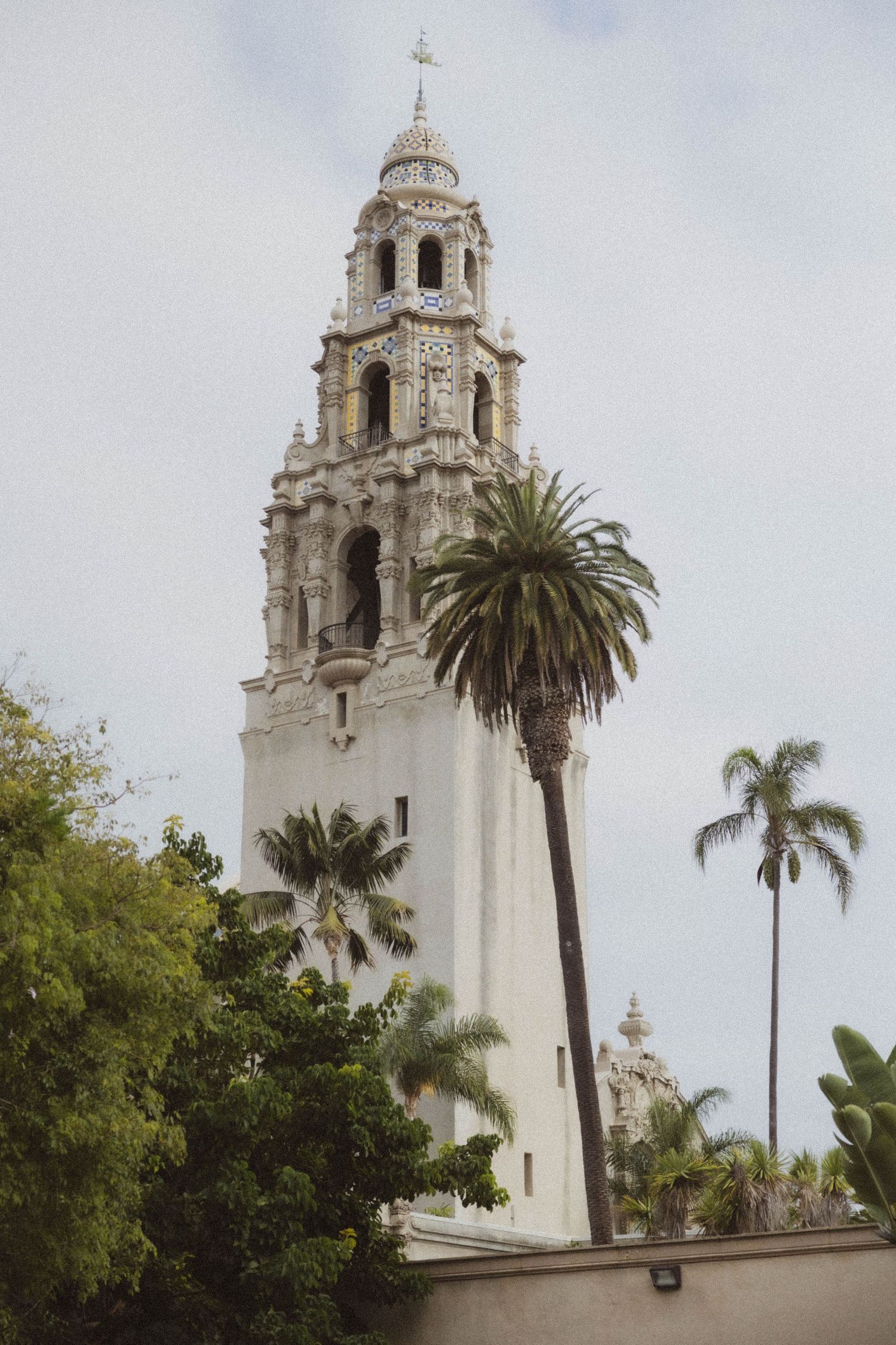Ornate white Spanish Colonial Revival tower at Balboa Park rising above palm trees in San Diego.