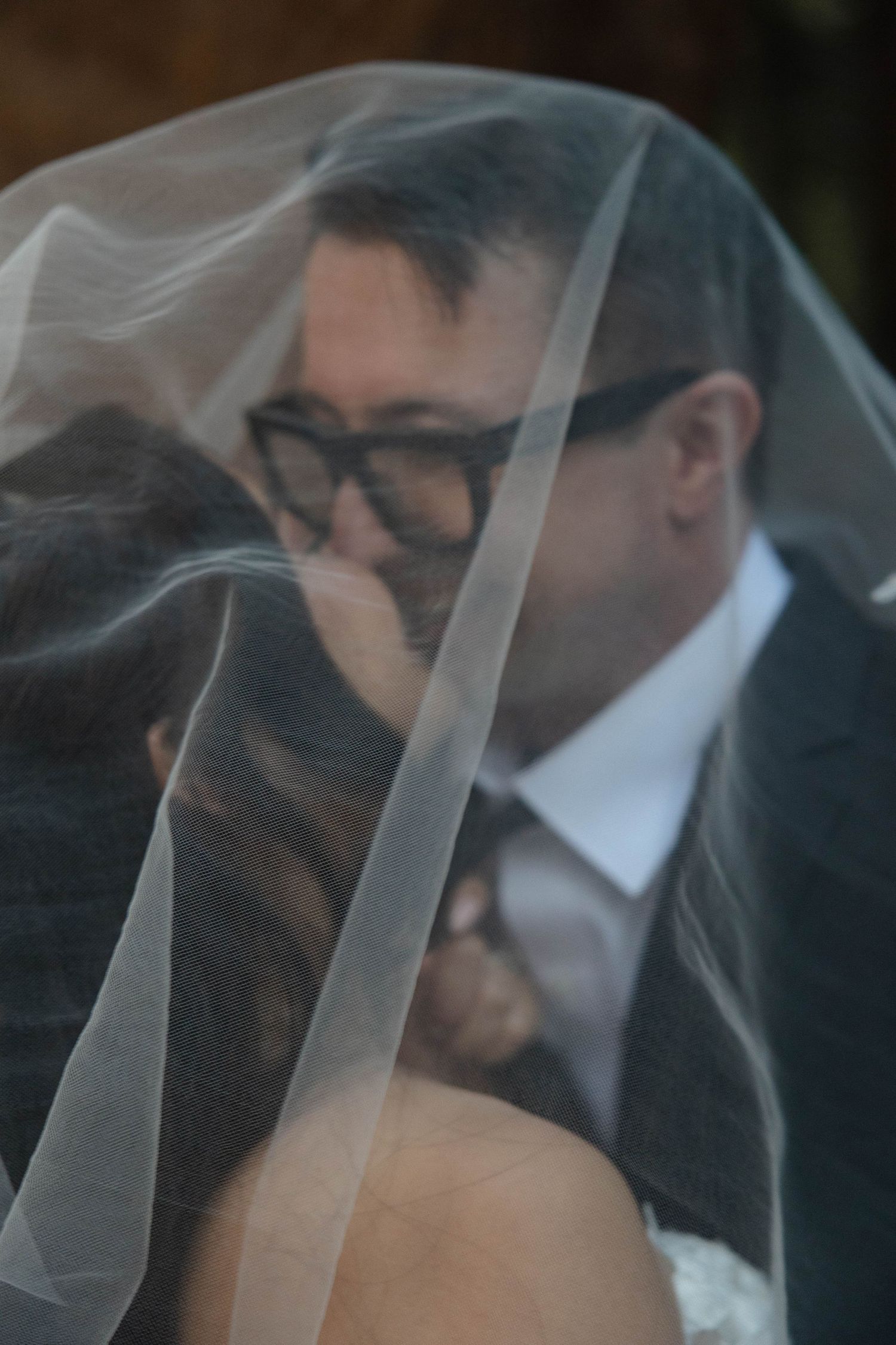 Bride and groom sharing a romantic kiss under a sheer wedding veil, both wearing glasses. Wedding photography.