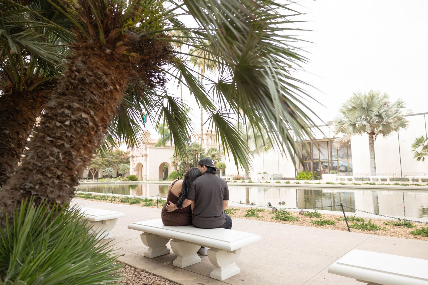 Couple sitting together on a white bench under a palm tree near a reflective pond in an outdoor setting.