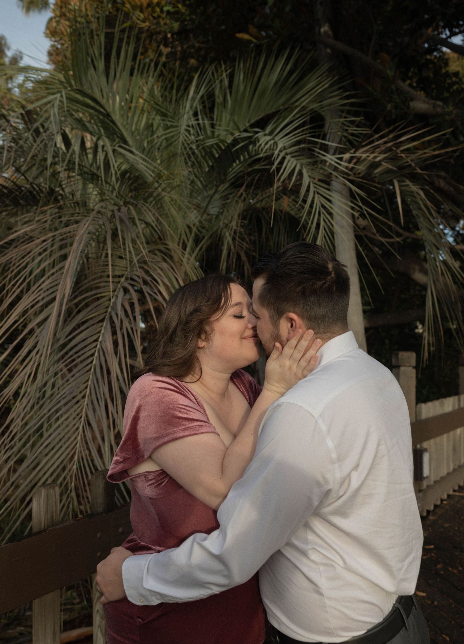 Couple sharing a romantic kiss outdoors near a palm tree, woman in pink velvet dress holding mans face. Couples  portrait photographer.