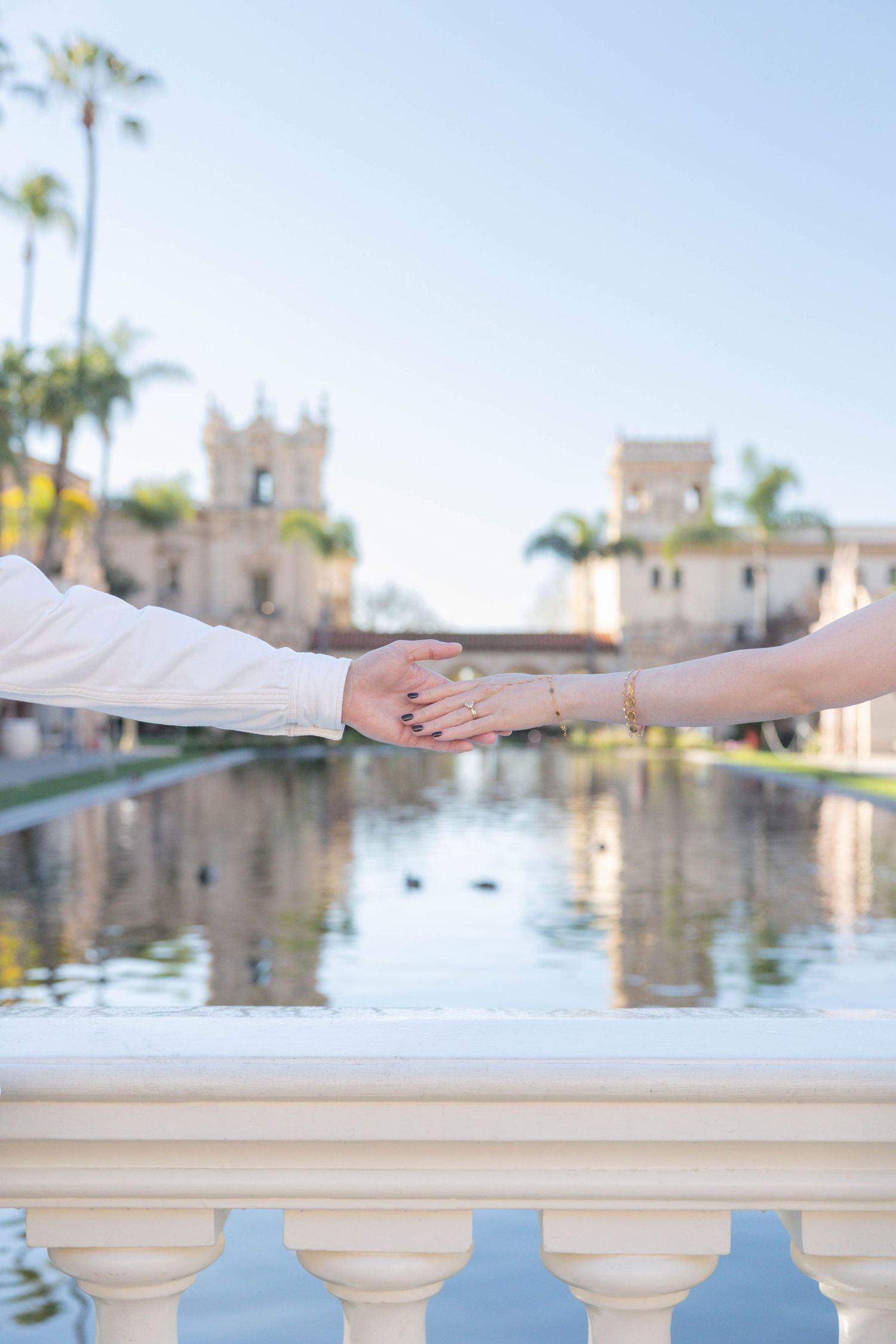 Close up of couple holding hands infront of Balboa Parks reflecting pool in San Diego California.