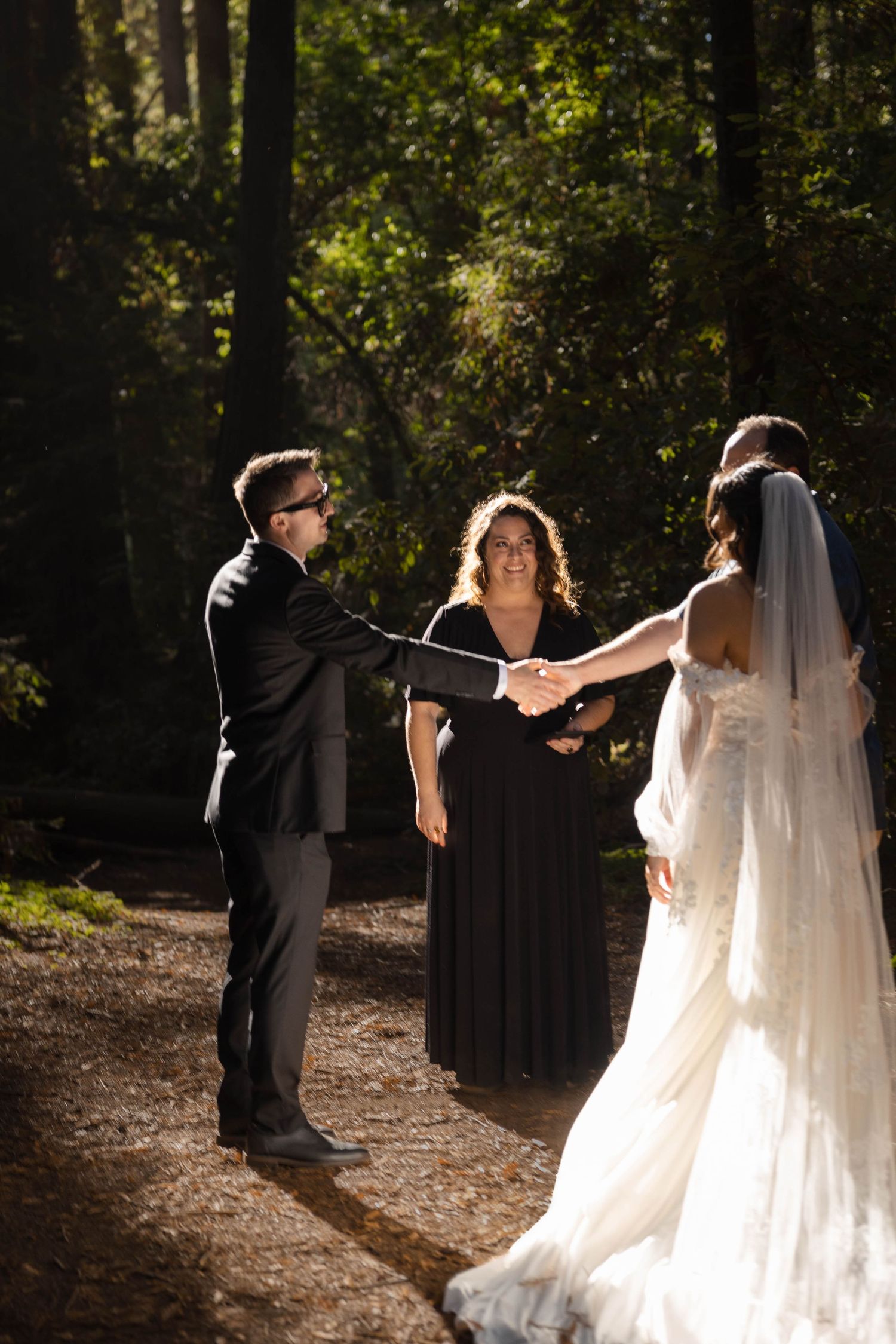 Bride and groom exchange vows with officiant in sunlit redwood forest ceremony.