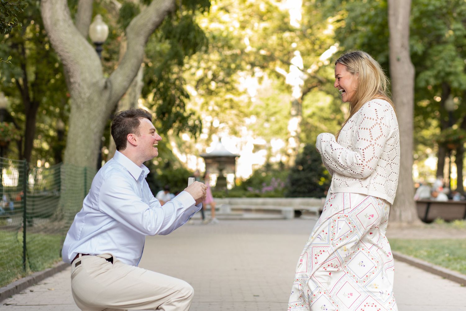 A sequence of romantic proposal photos shows someone getting down on one knee in a tree-lined path.