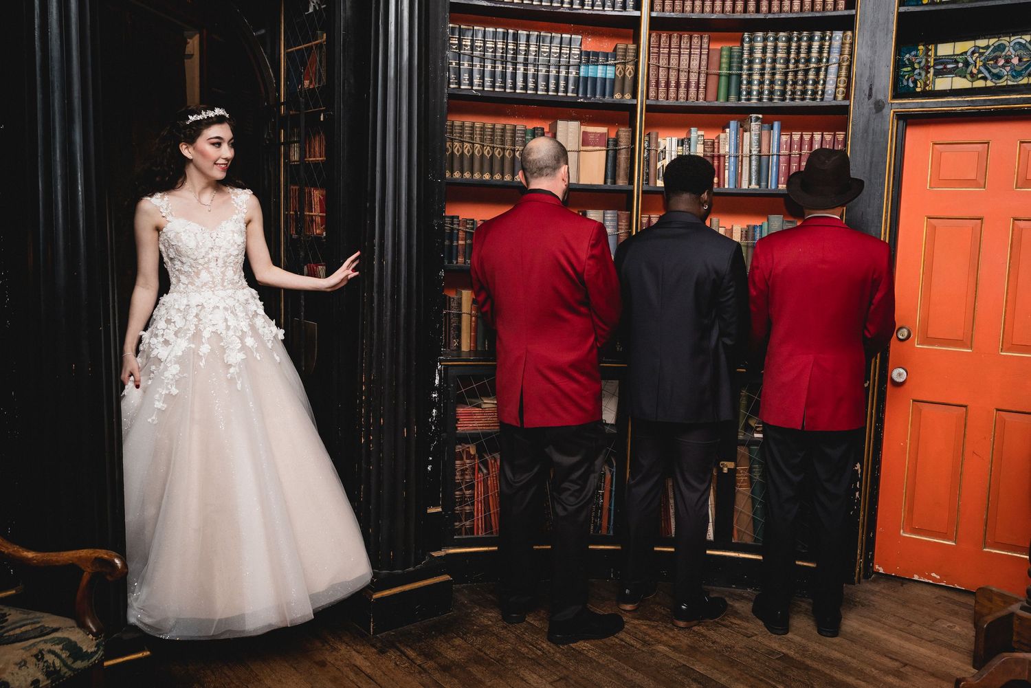 A series of wedding photoshoot frames showing the outside of a brick building with orange doors and black columns.