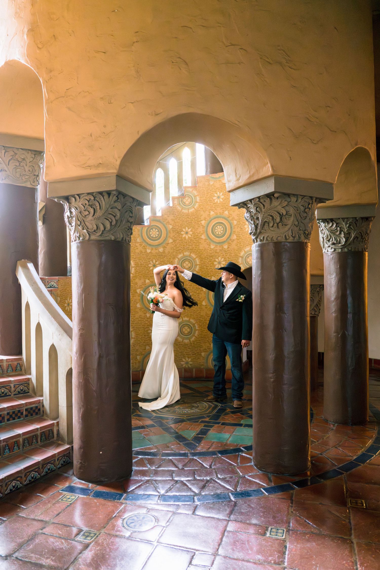 Wedding couple poses in sequence across an ornate room with arched columns and decorative walls.