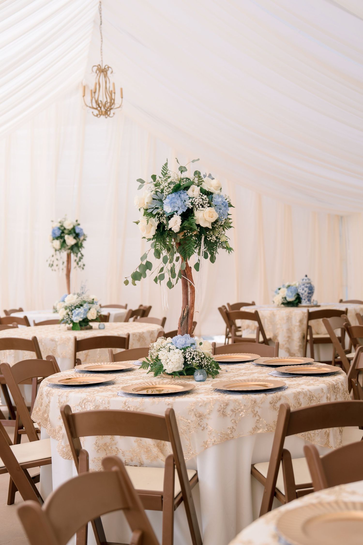 Elegant wedding reception tent with tall floral centerpieces of blue hydrangeas and white roses on round tables.