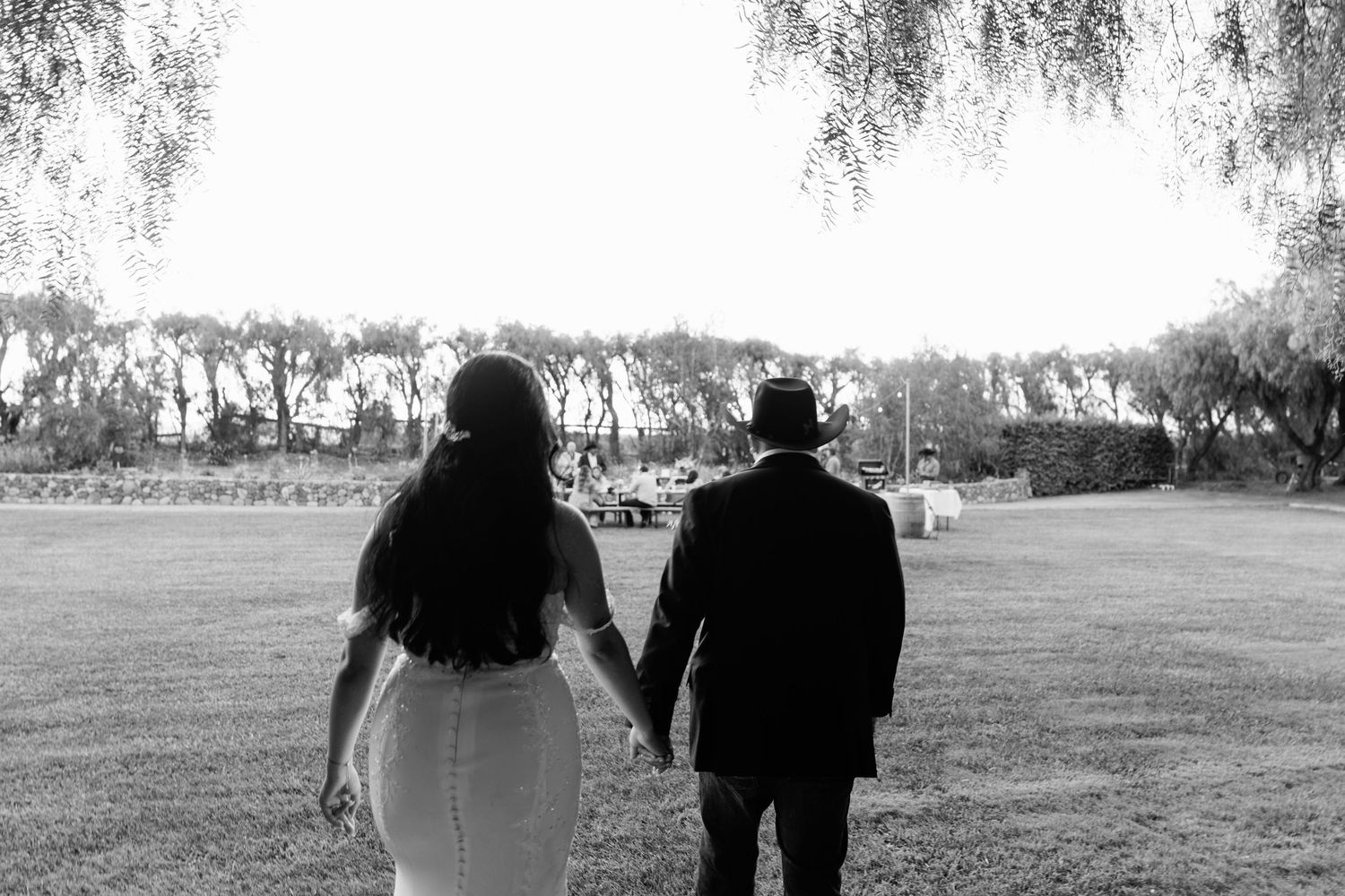 A couple holding hands walks away from camera on grassy lawn under willow trees.