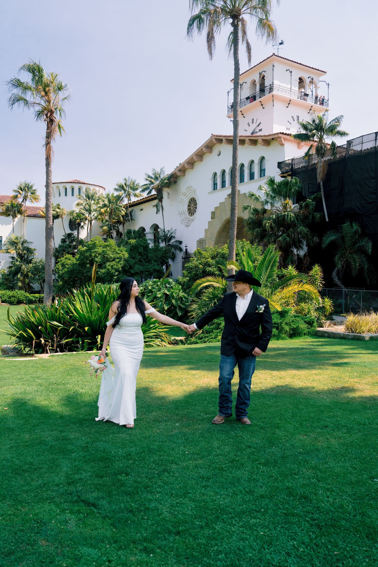 Wedding photo sequence on a green lawn with Spanish-style architecture and palm trees in background.