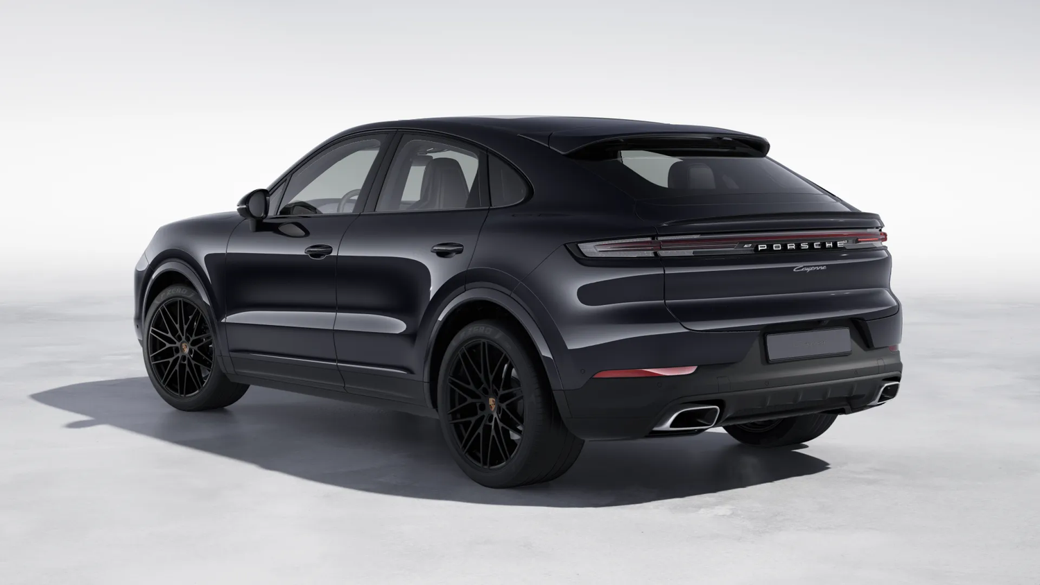 Multiple views of a sleek black Porsche Cayenne Coupe luxury SUV showing different angles and details against a white background.