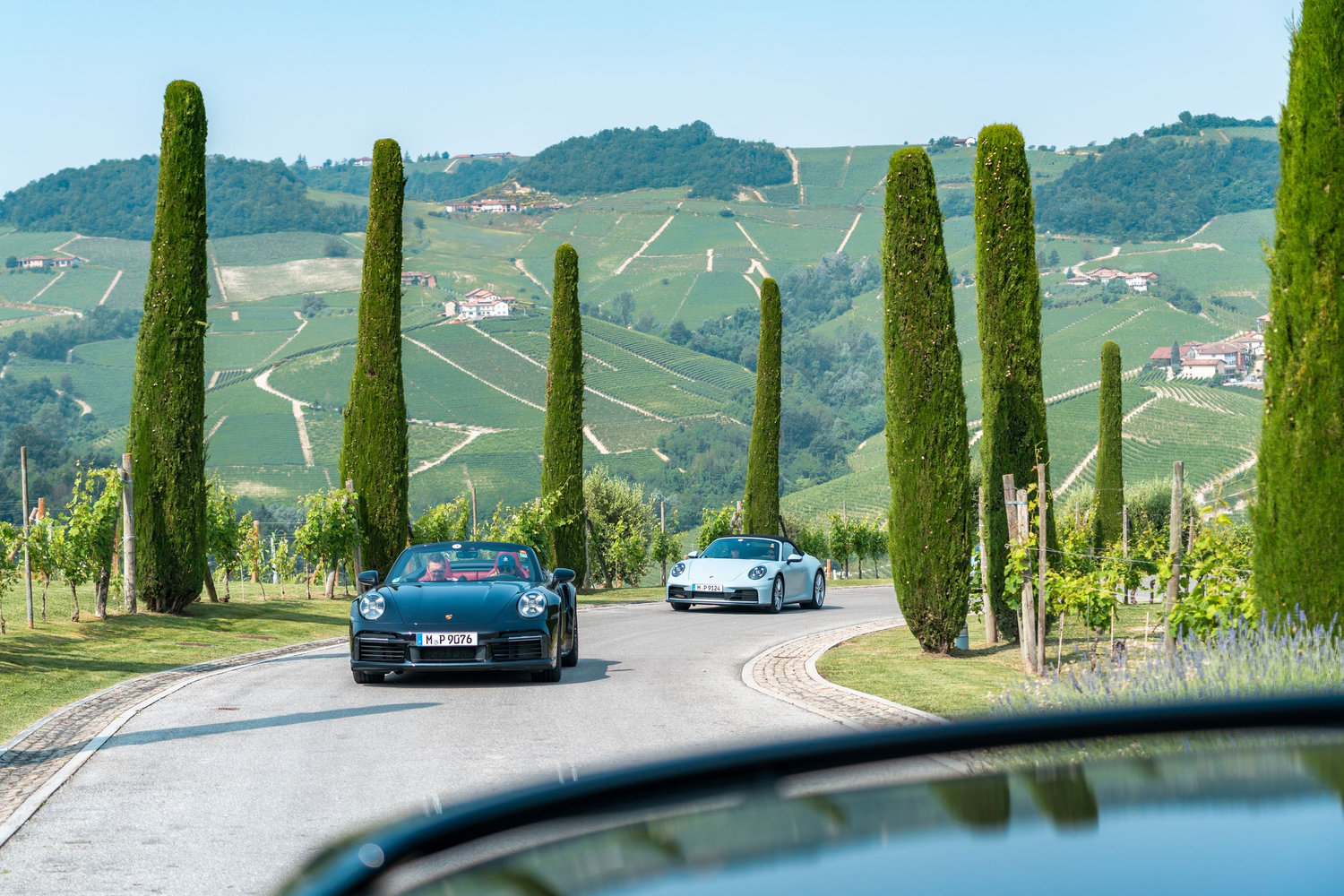 Porsche sports cars driving along a scenic winding road lined with tall cypress trees in Italy's countryside.