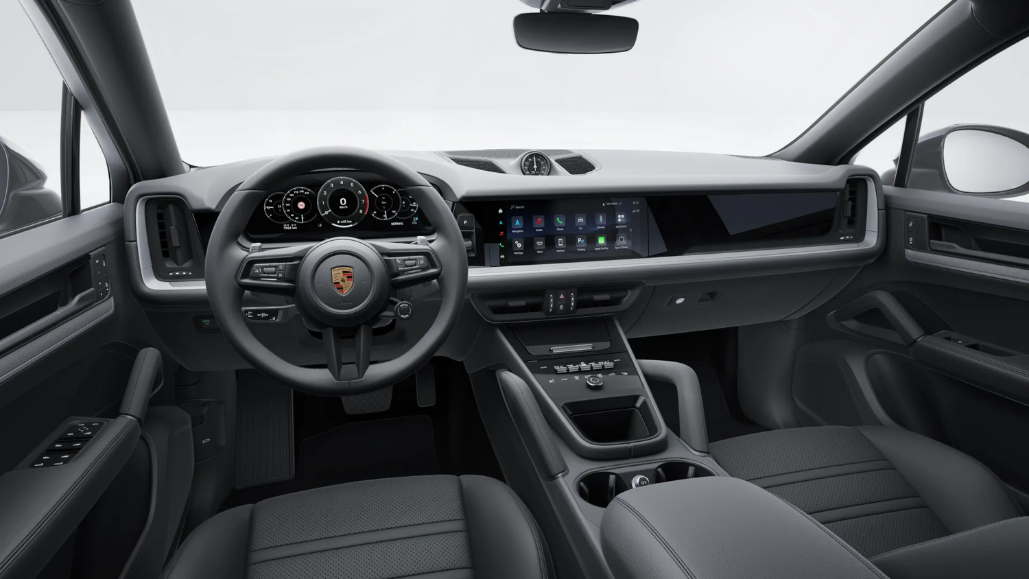 Interior view of Porsche Cayenne dashboard with digital displays showing advanced infotainment system and sleek control layout.