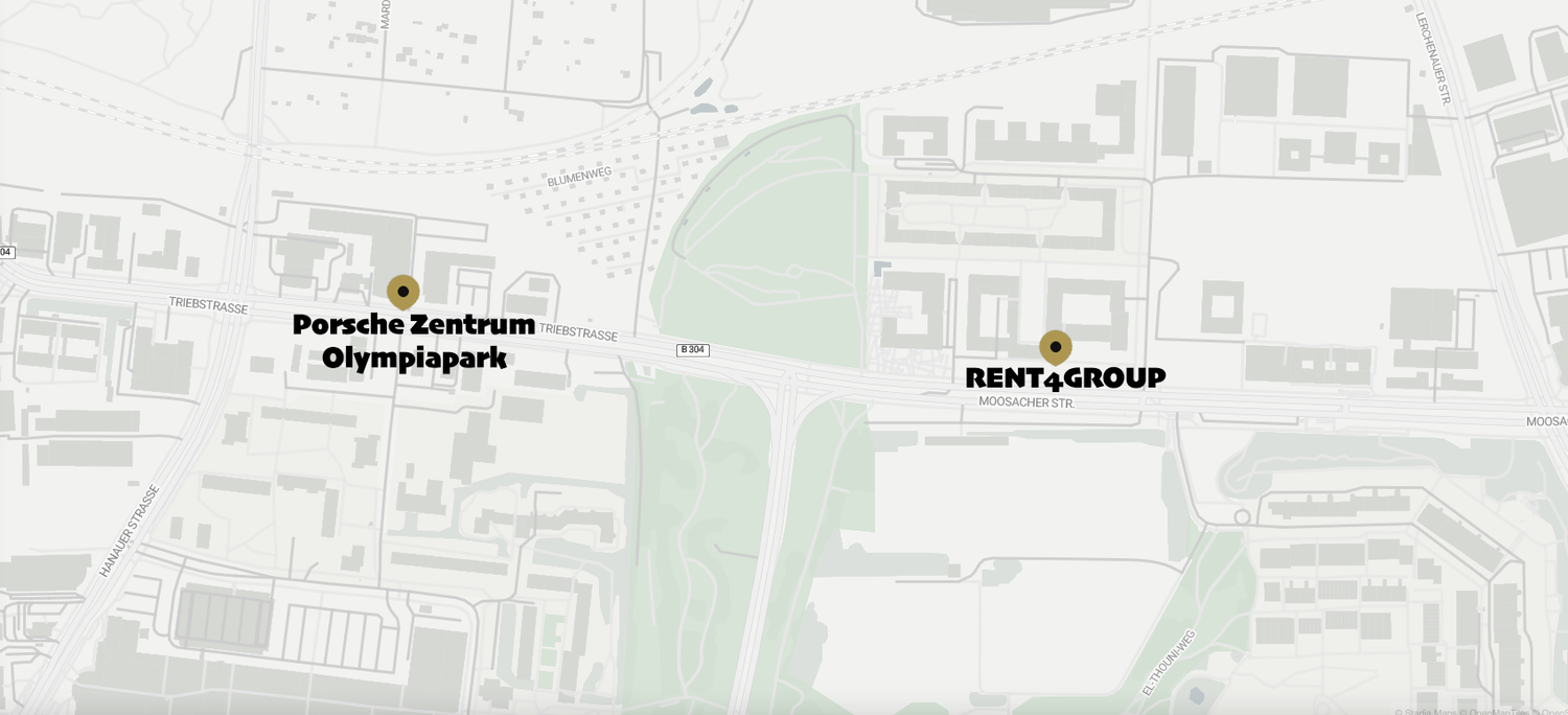 A satellite map view showing Porsche Zentrum Olympiapark in Munich locations marked in an urban area.