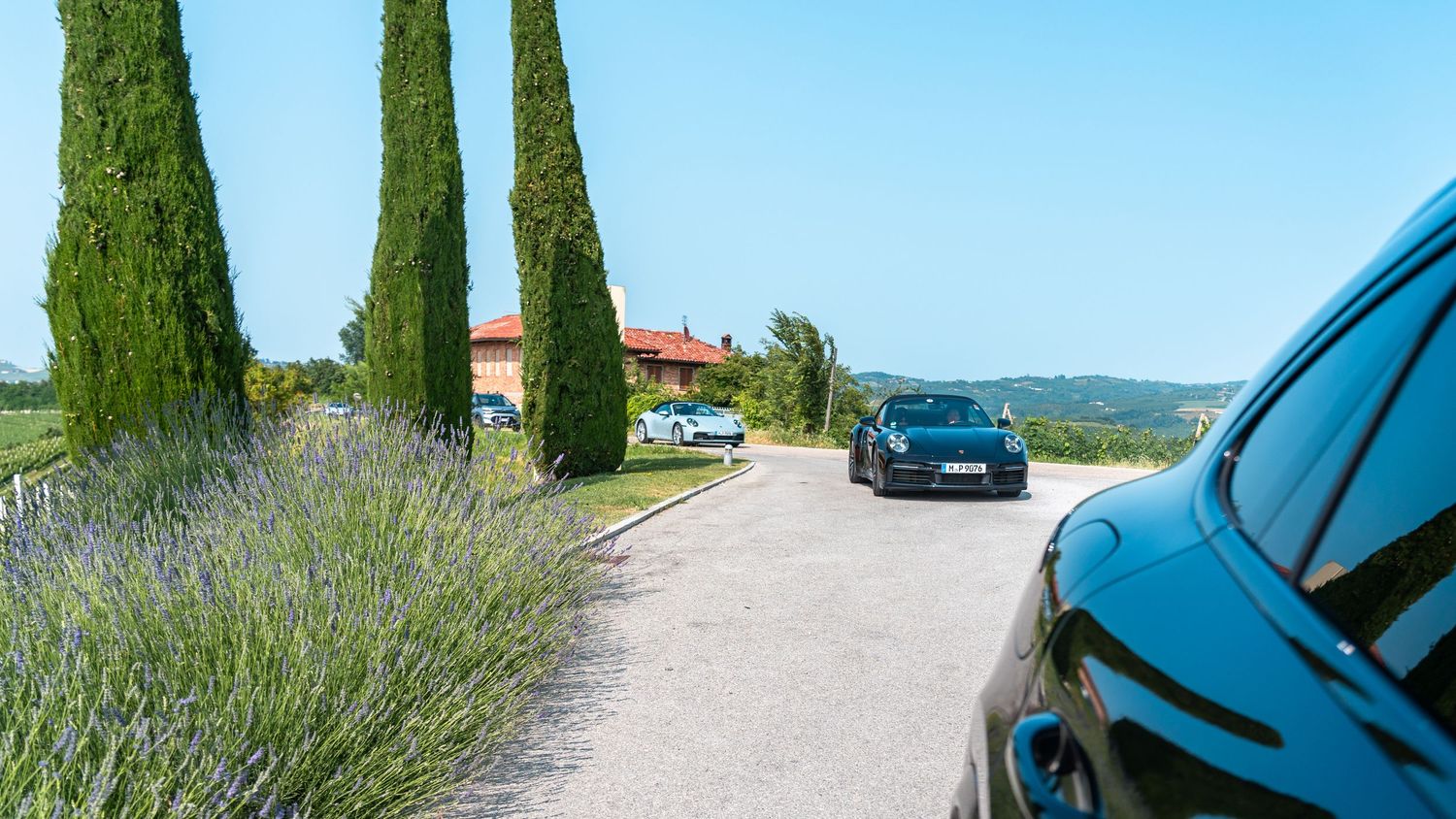 A winding driveway lined with cypress trees and lavender leads to parked cars on a sunny Mediterranean day.