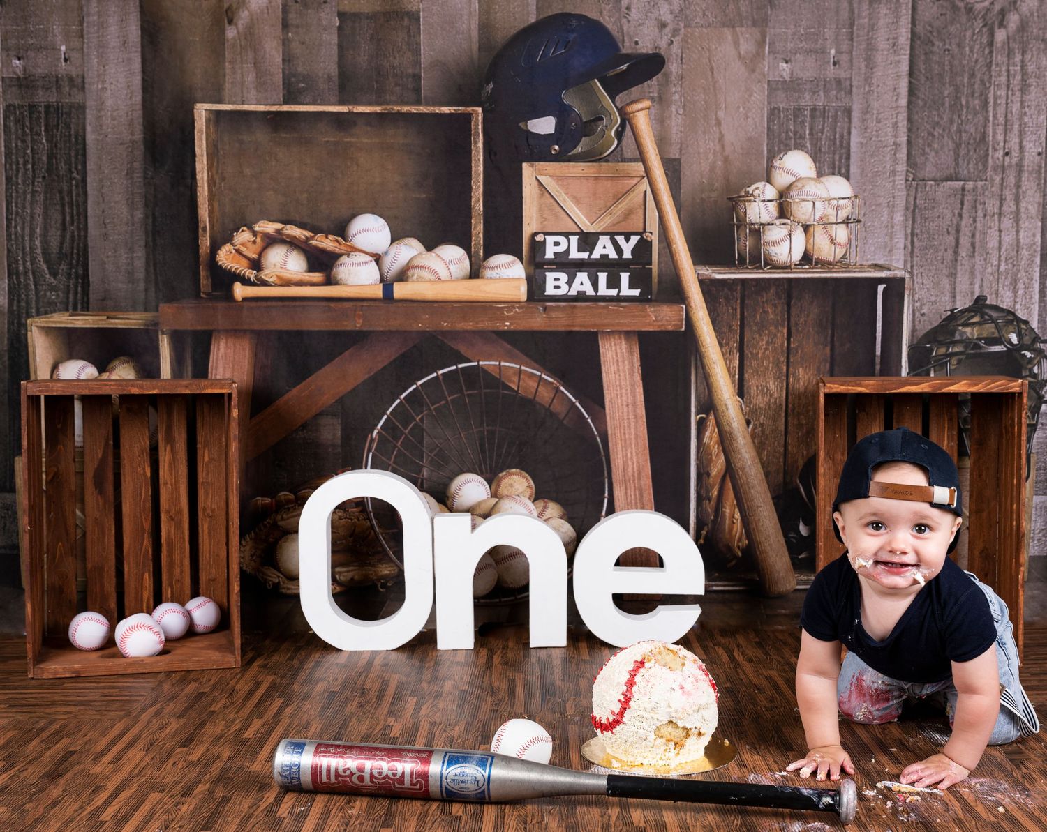 fond smash cake  avec gateau fond baseball fete enfant 1 ans