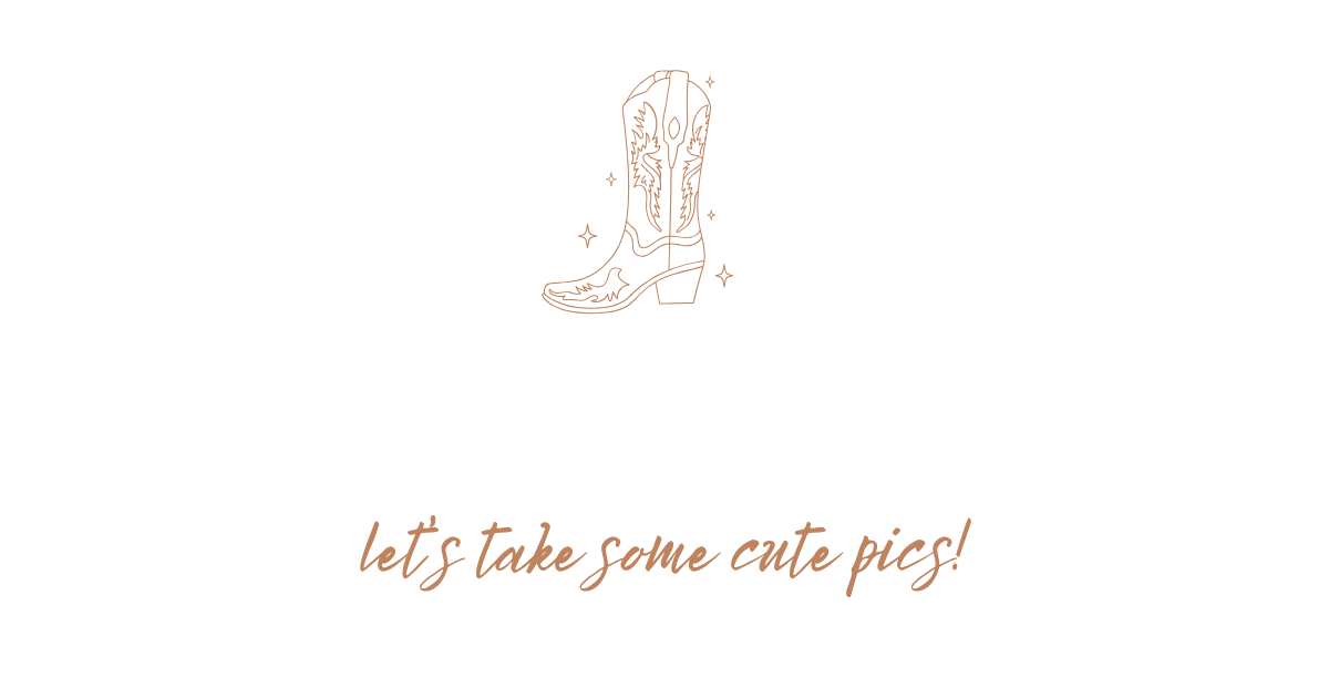 Minimalist cowboy boot illustration with sparkles and cursive text reading lets take some cute pics on white background.