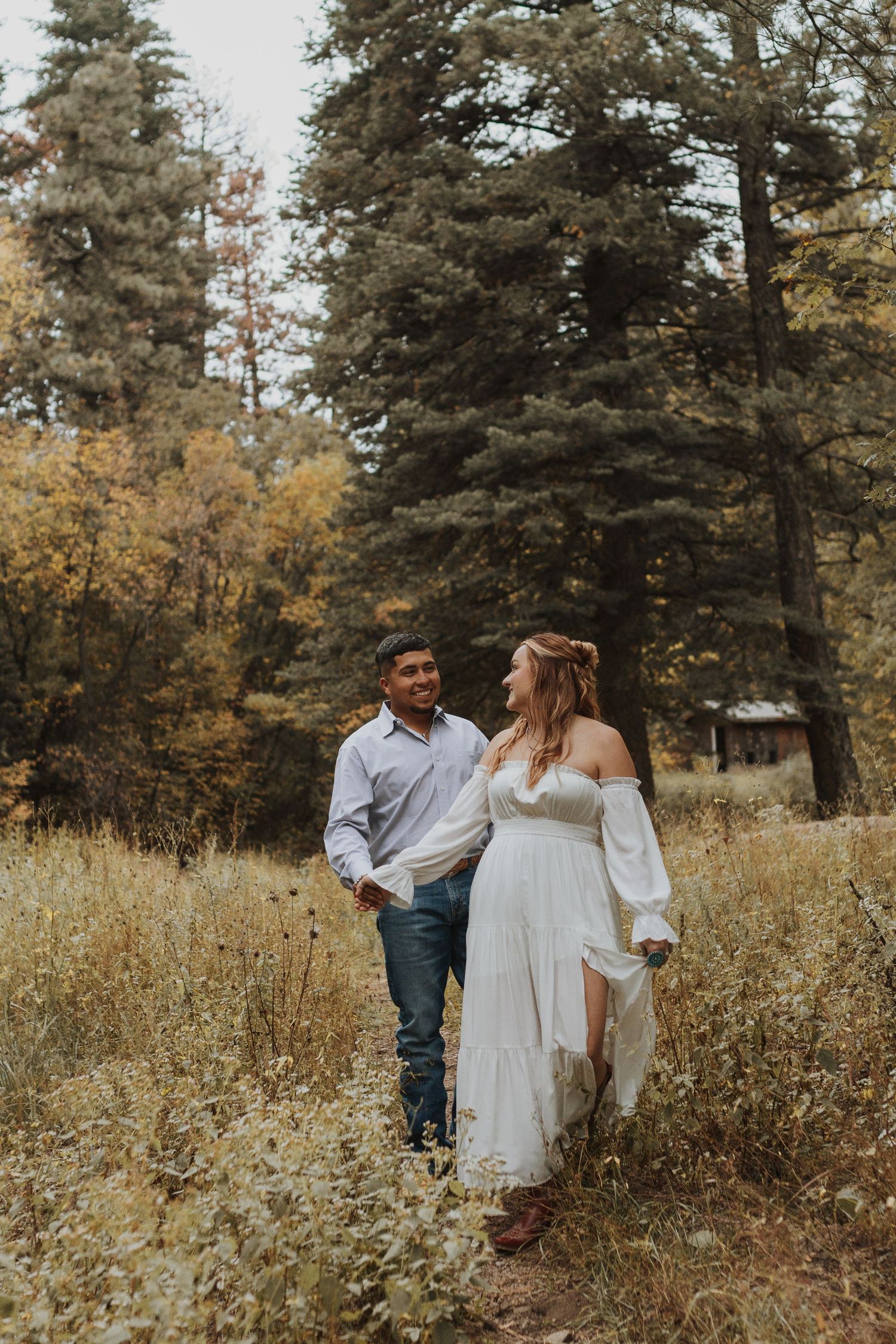 A couple walks through a golden autumn meadow, the woman in a white off-shoulder gown, surrounded by tall pine trees.
