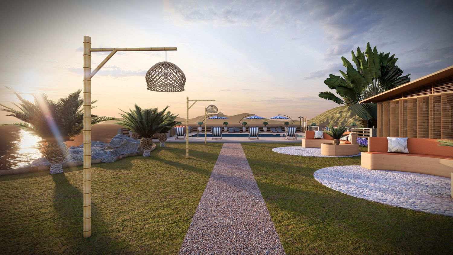 Outdoor walkway with lighting fixtures and palm trees leading to a modern building entrance.