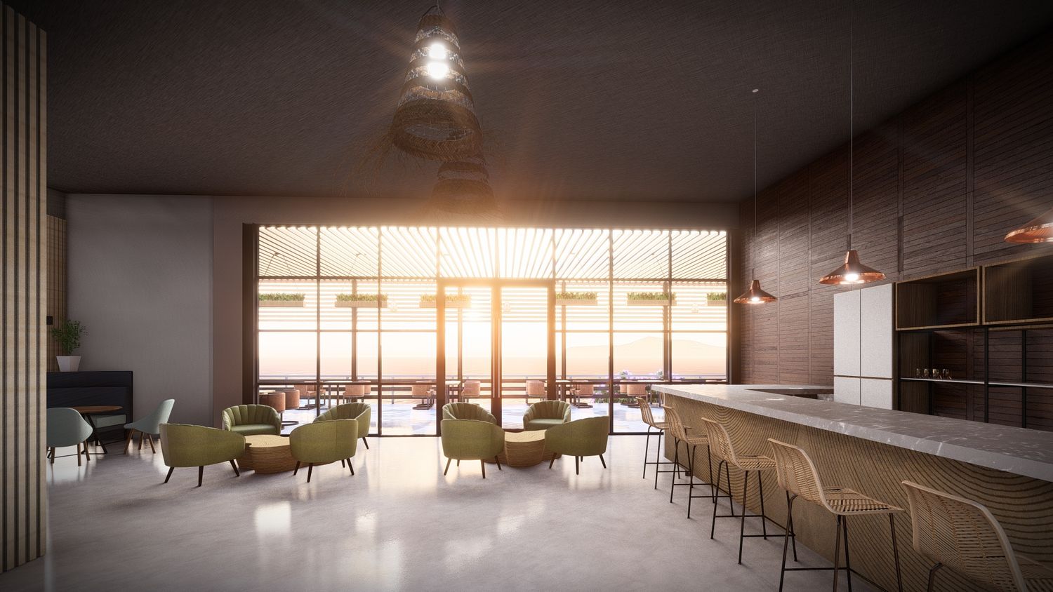 Contemporary lounge space with bar counter, green accent chairs and floor-to-ceiling windows.