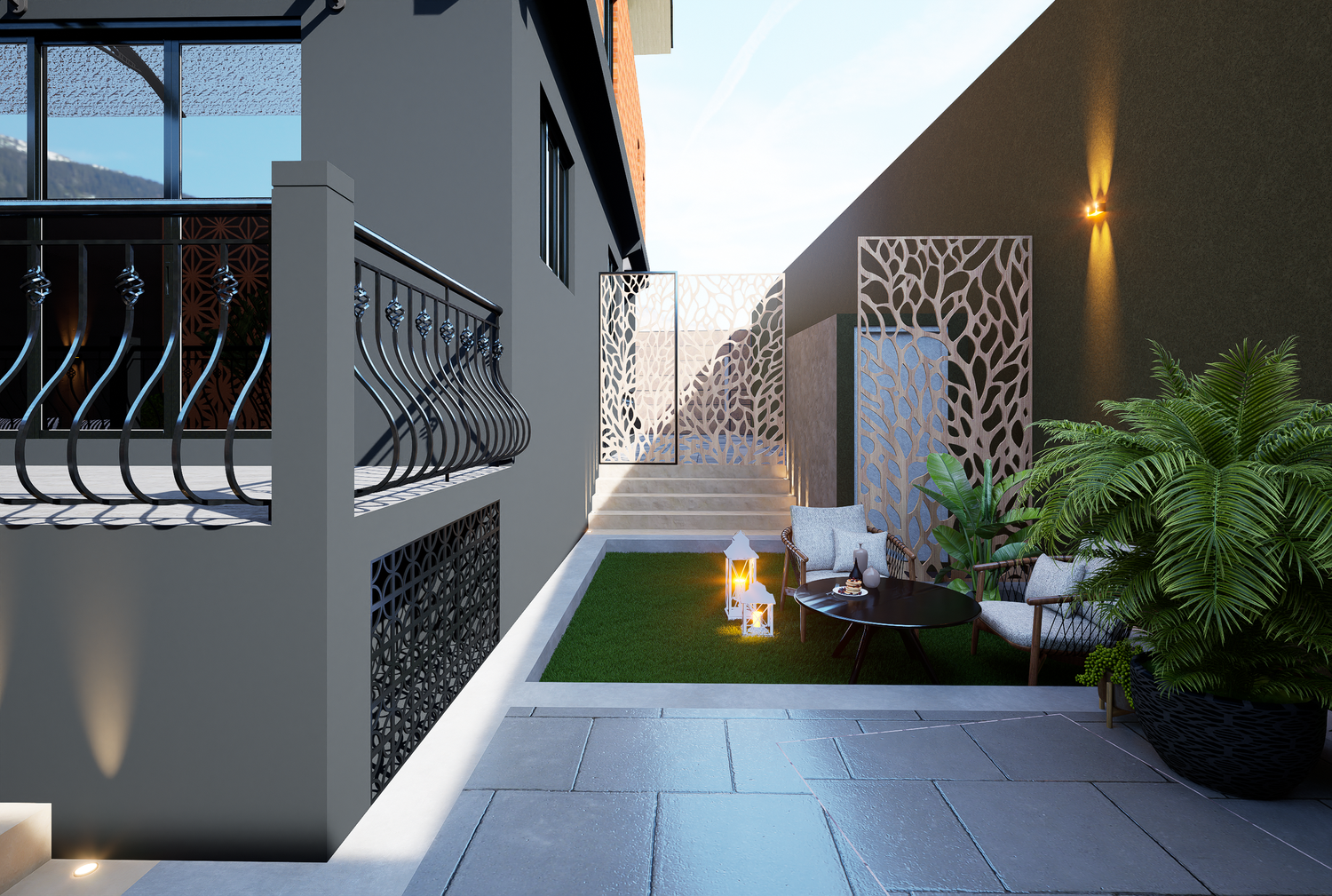 Contemporary walkway with geometric metal screens and integrated landscape lighting.