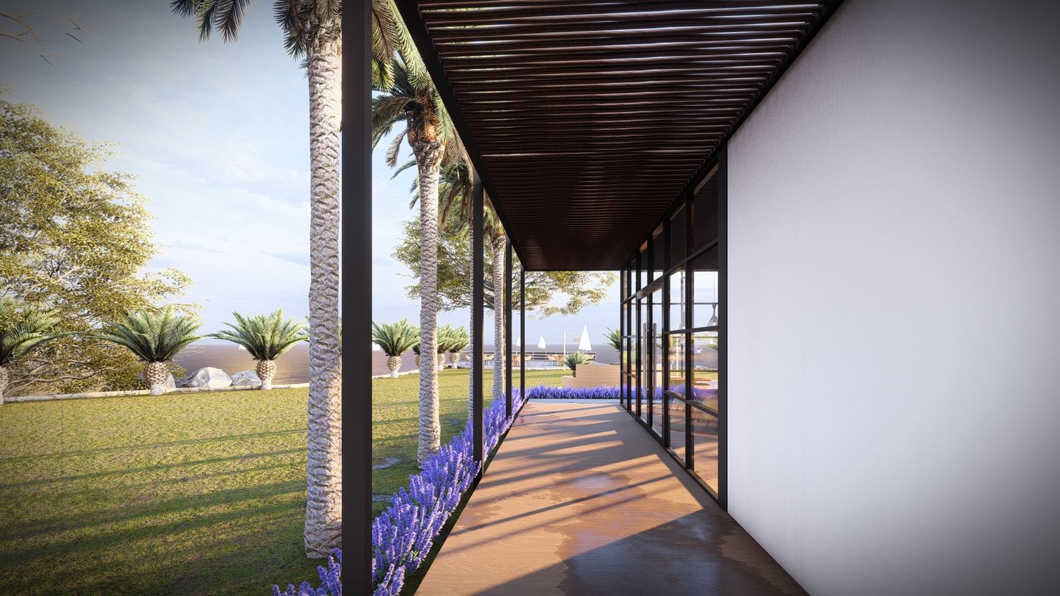 Covered walkway with wooden slat ceiling and modern architectural details in natural lighting.