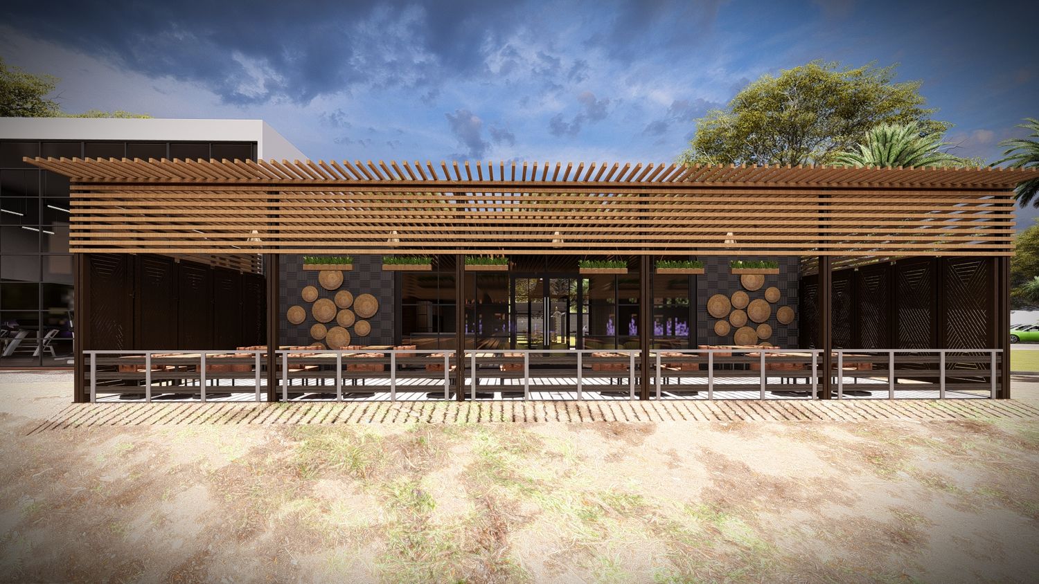 Modern wooden pergola structure with decorative panels and outdoor seating area.