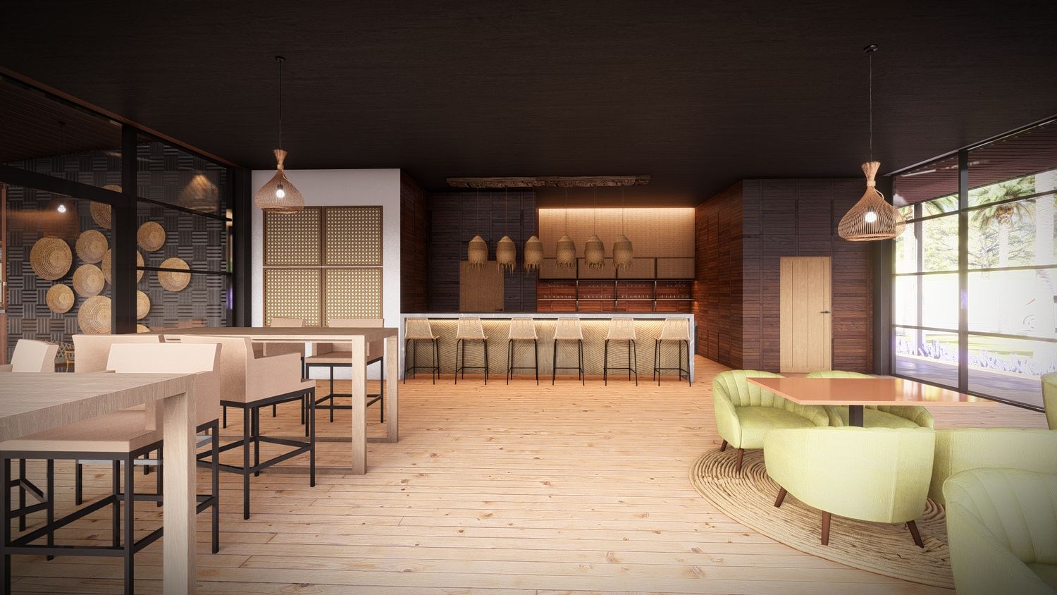 Restaurant interior with bar seating, pendant lights and green accent furniture.