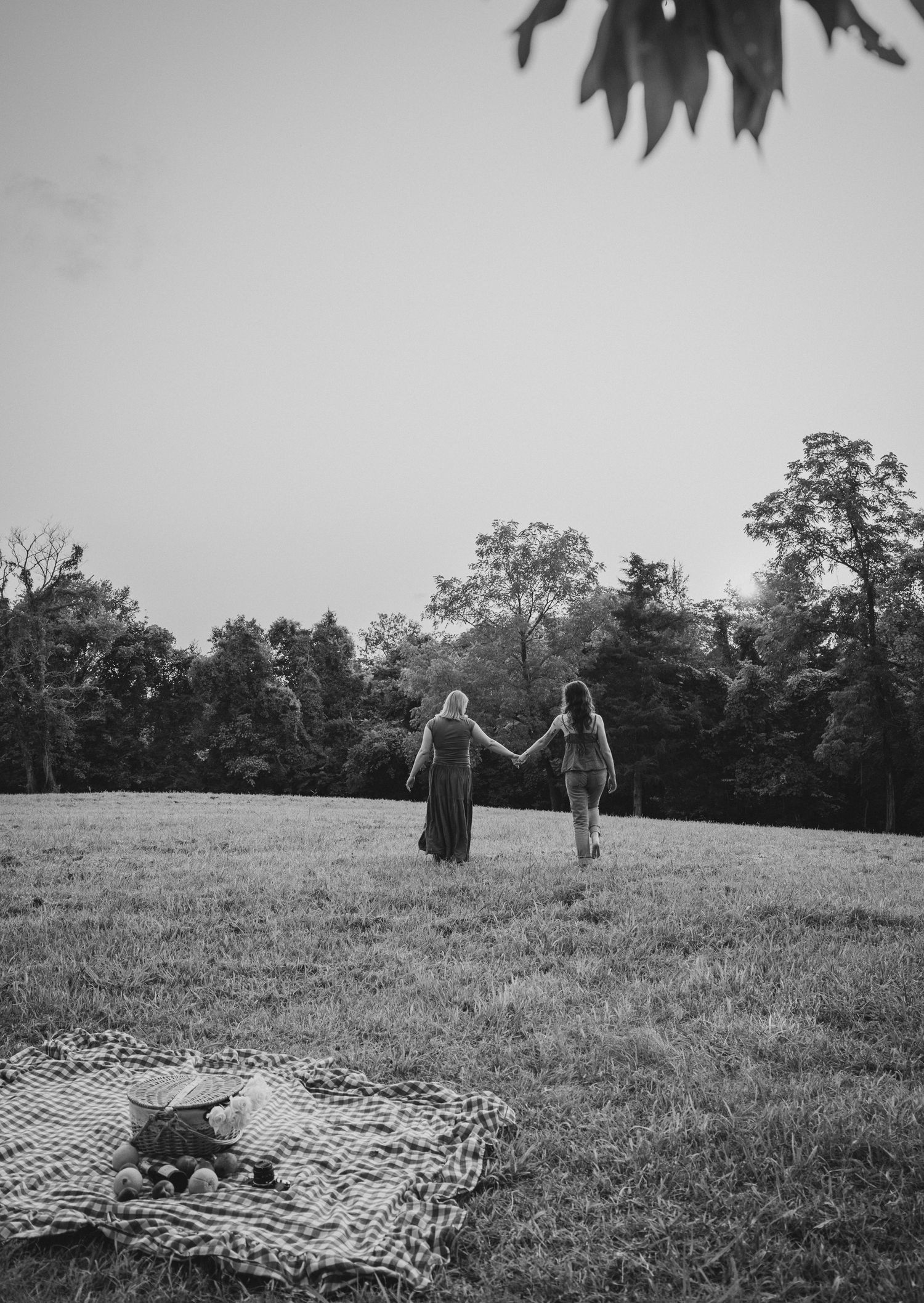 Black and white photo of two people holding hands in a grassy field near a picnic blanket with trees in background.