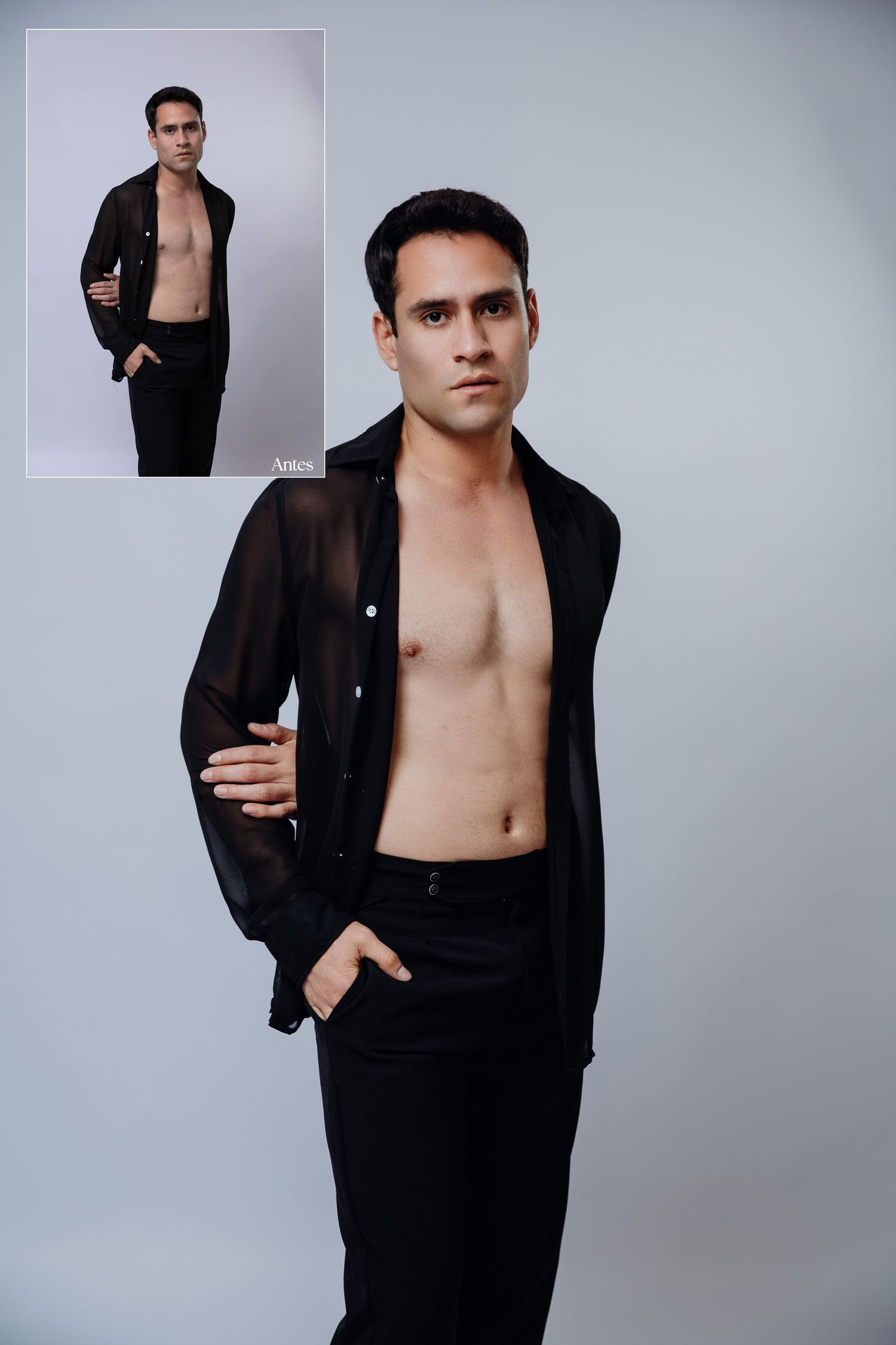 Fashion model poses in black blazer against gray background showing multiple angles and expressions.