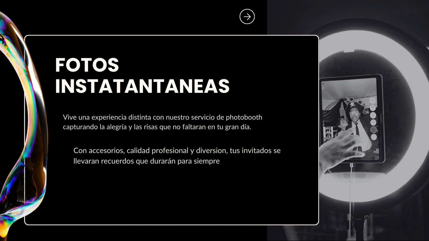 User interface elements showing navigation menu options including Fotos and Instatantaneas sections in dark theme.