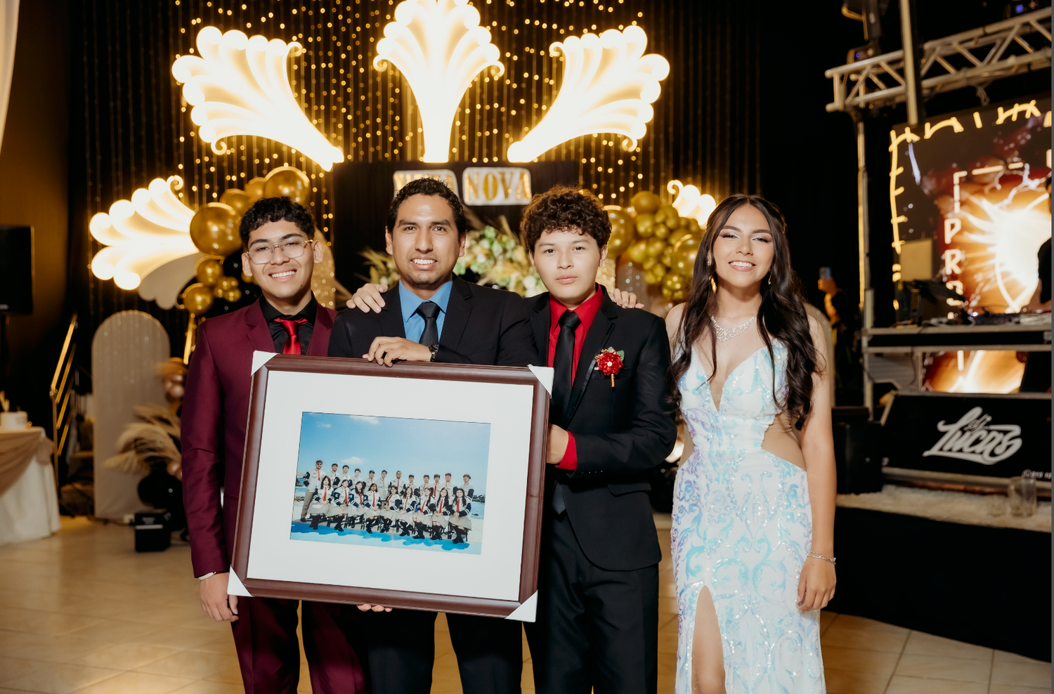 A collage of party photos showing people celebrating at an event with decorative lighting and formal attire.