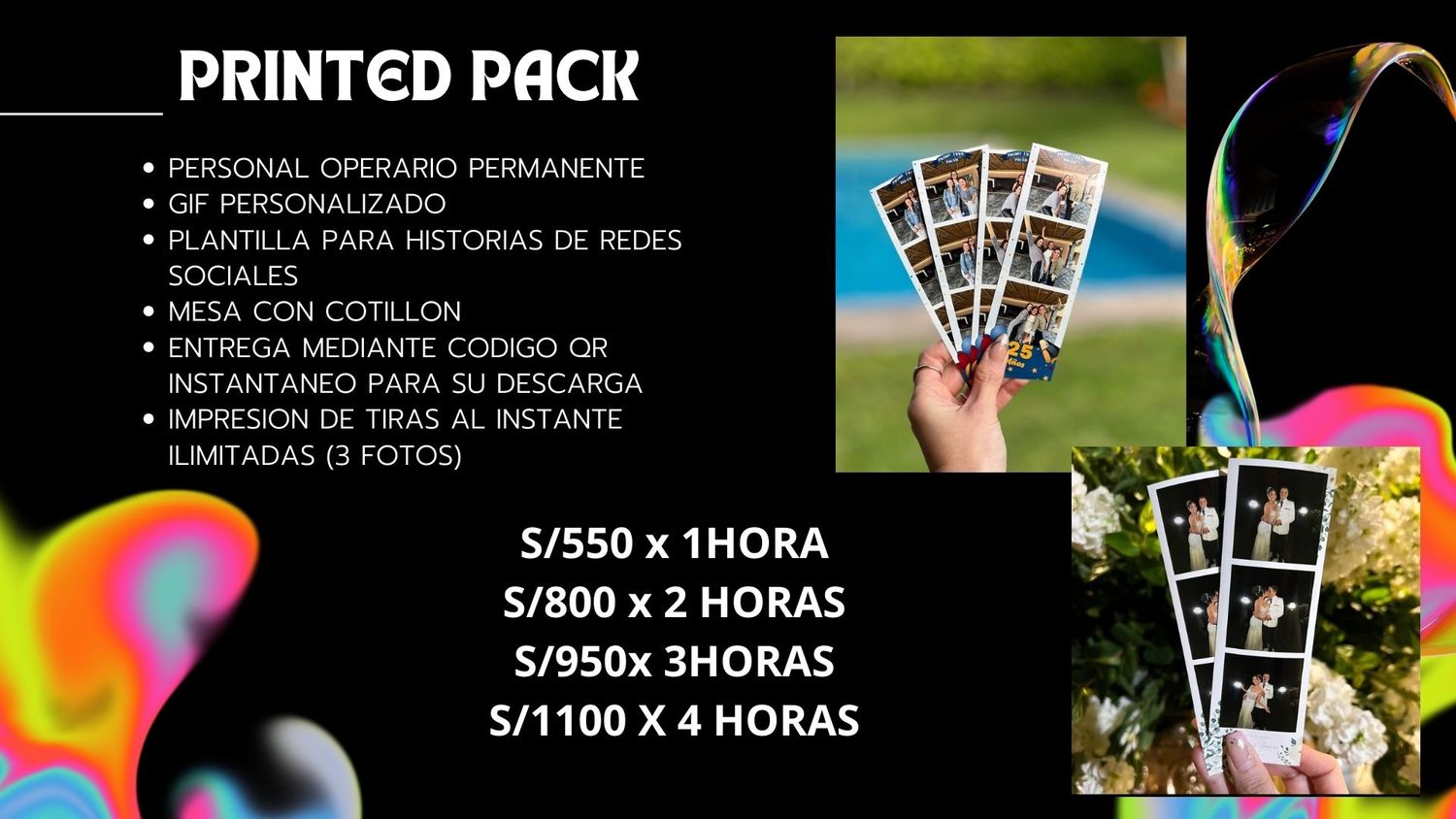 Photo booth pricing menu showing printed photo pack options with colorful abstract designs and sample photo strips.